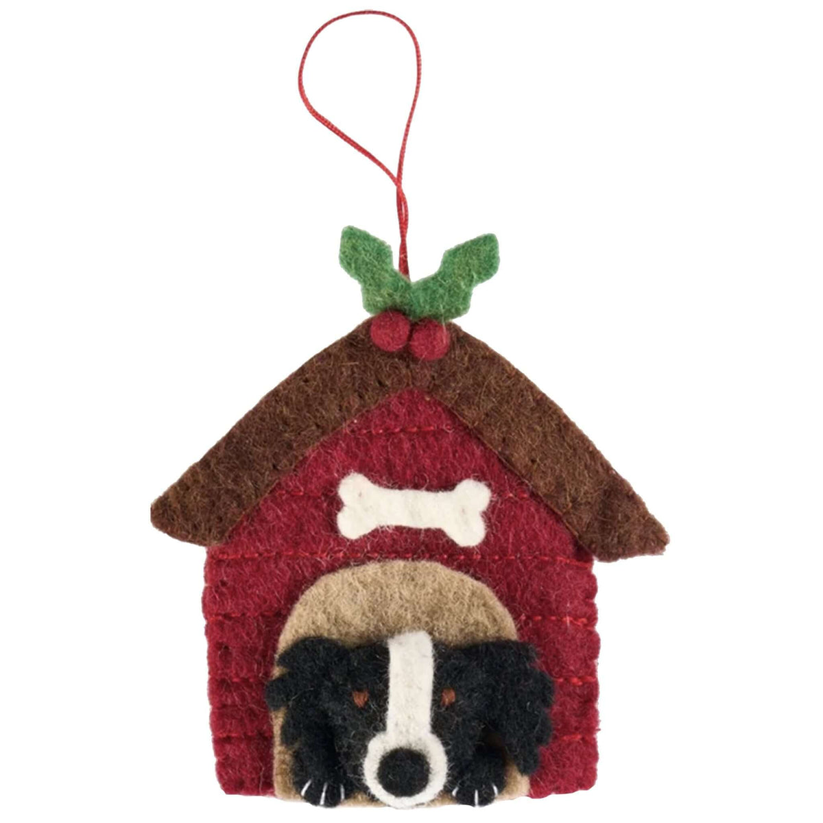 Pashom Nepal Felt Christmas Decoration - Border Collie in Kennel felt ornament, dog house kennel Christmas tree decoration