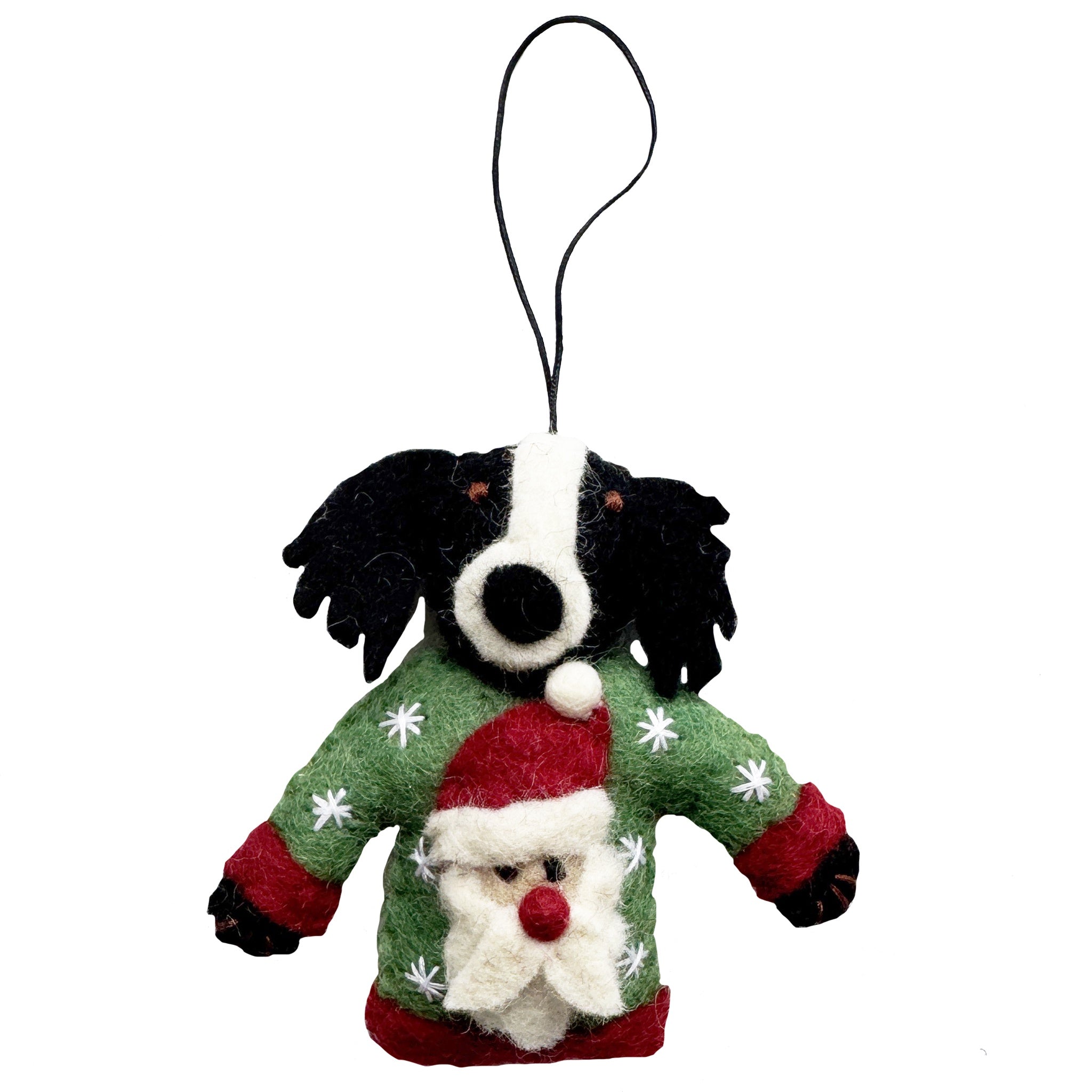 Dog-shaped ornament wearing a green sweater with white snowflakes and a Santa hat on a white background.