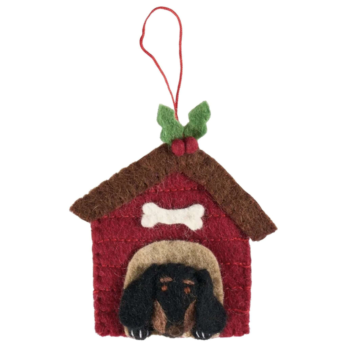 Pashom Nepal Felt Christmas Decoration - Dachshund in a Kennel felt dog house ornament for Christmas tree, festive gift for dog lovers