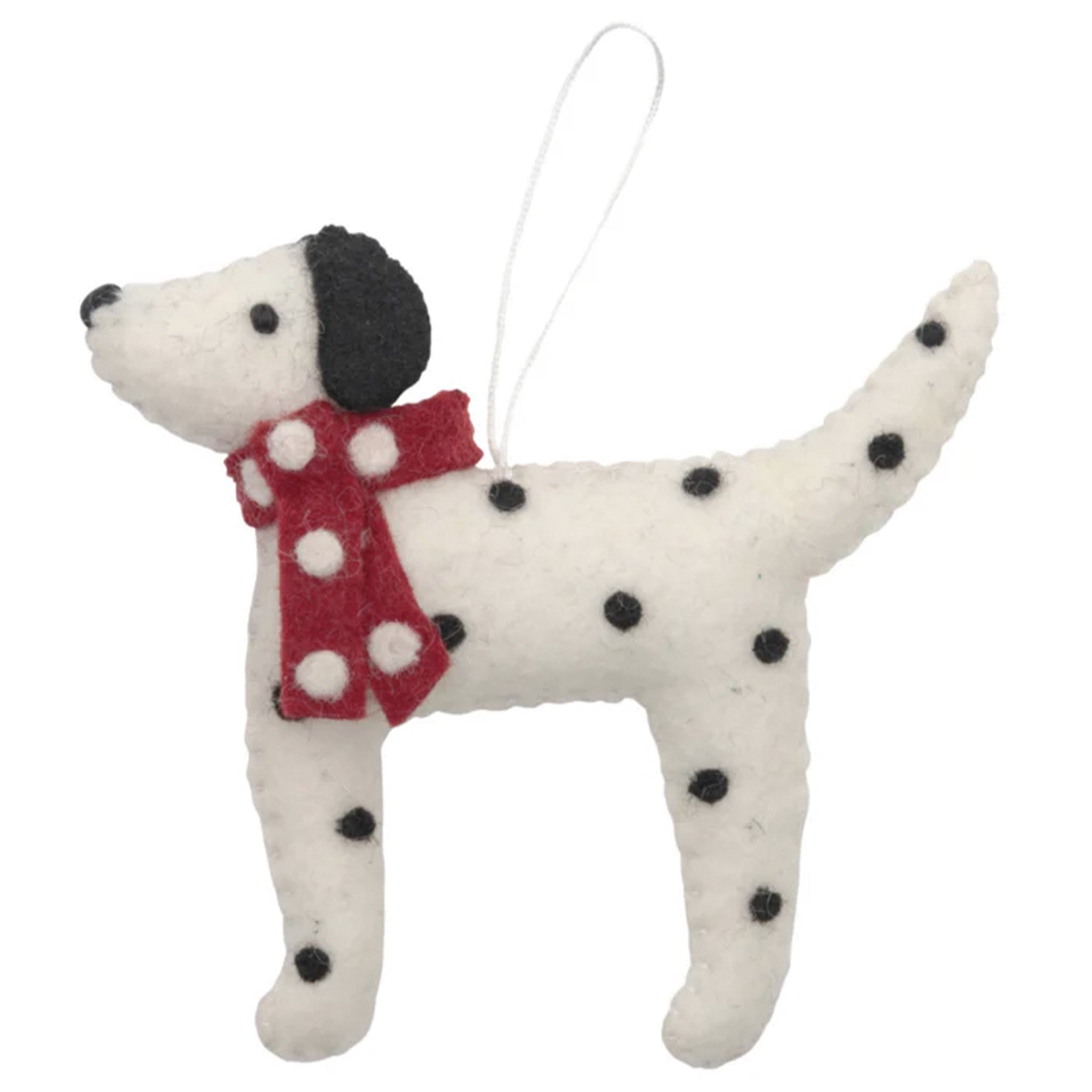 Felt dog ornament with a red scarf on a white background