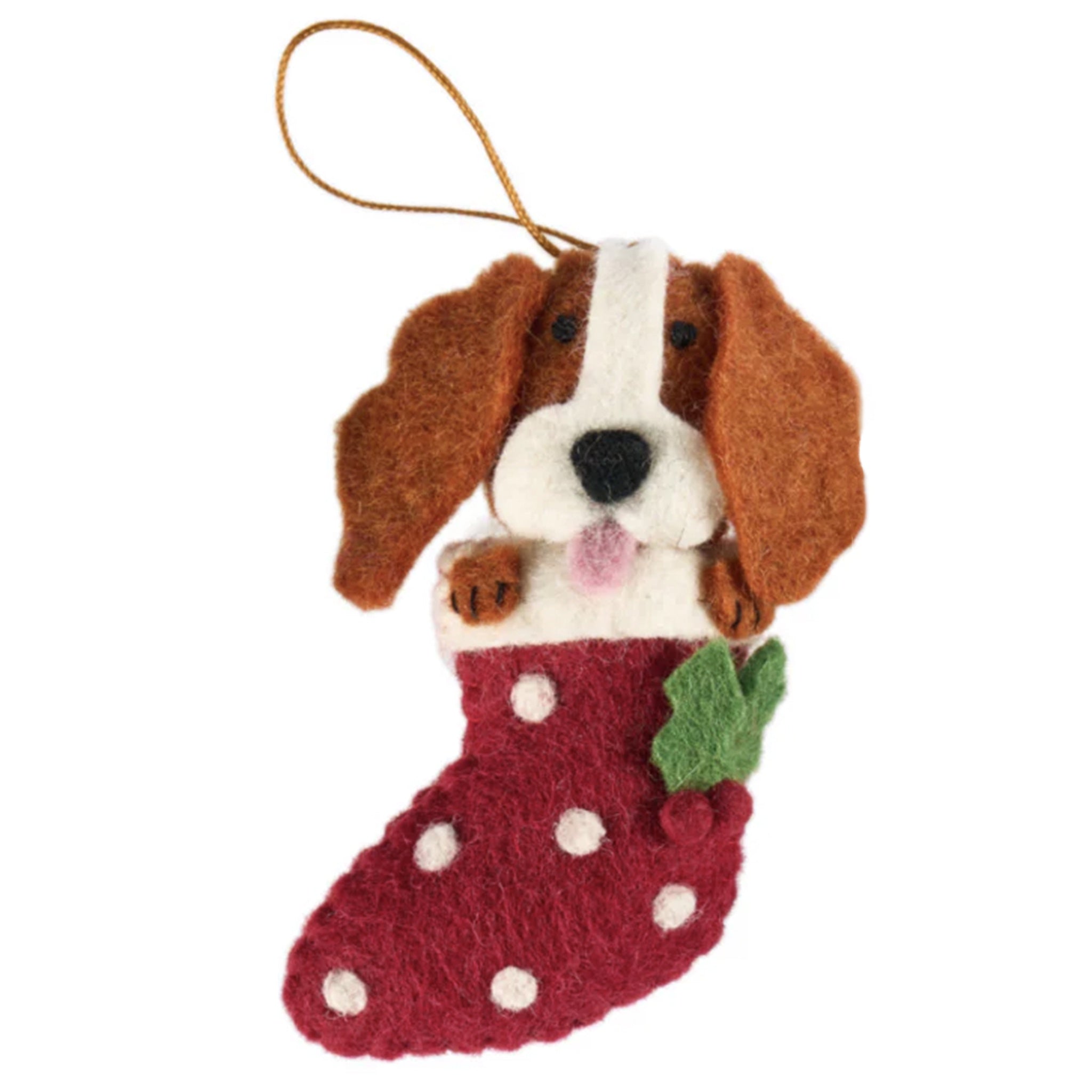 Felted dog ornament with a red stocking on a white background