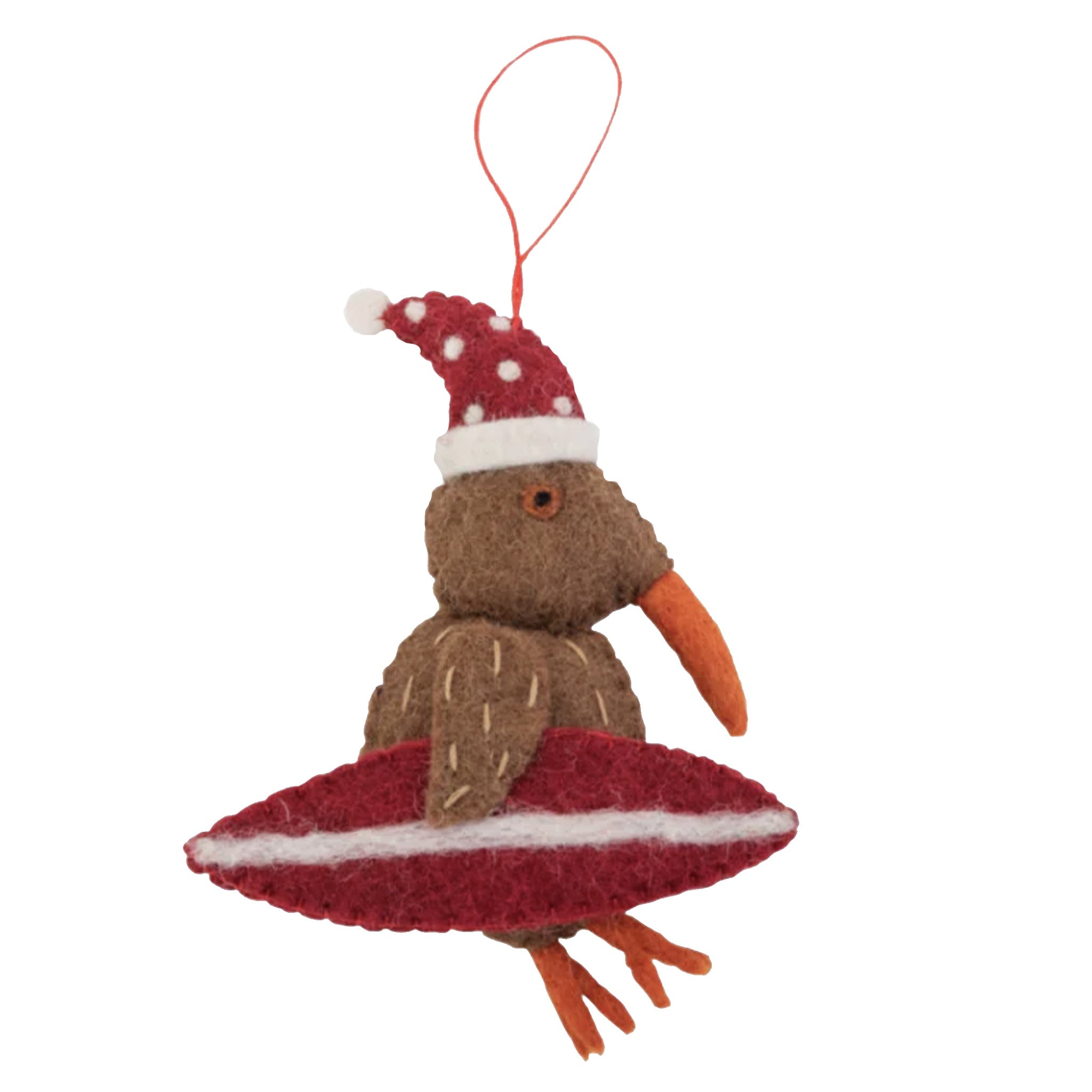 A handcrafted felt Christmas decoration featuring a kiwi with a red surfboard, wearing a Santa hat.