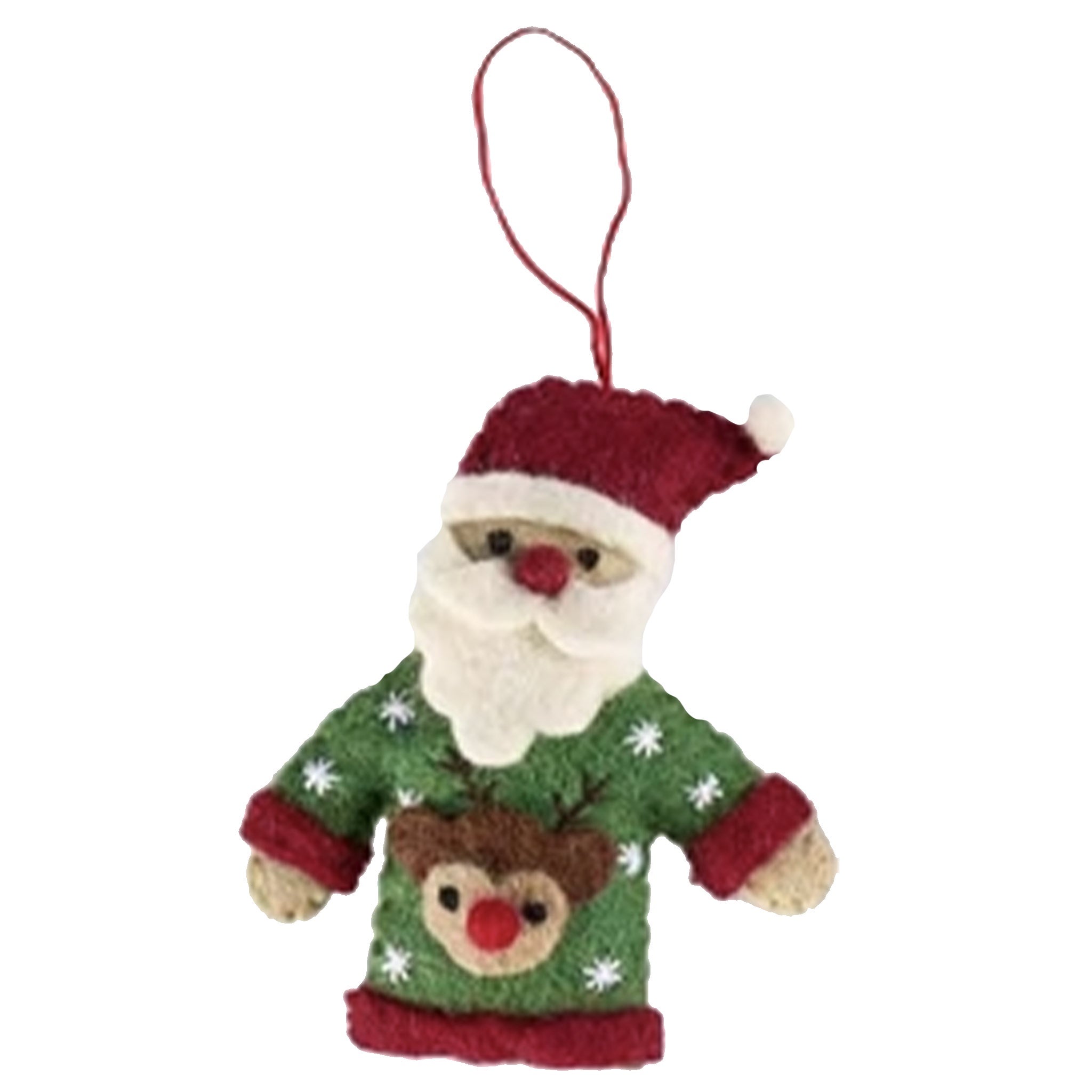 Felt Santa Claus ornament with a green sweater and red hat on a white background