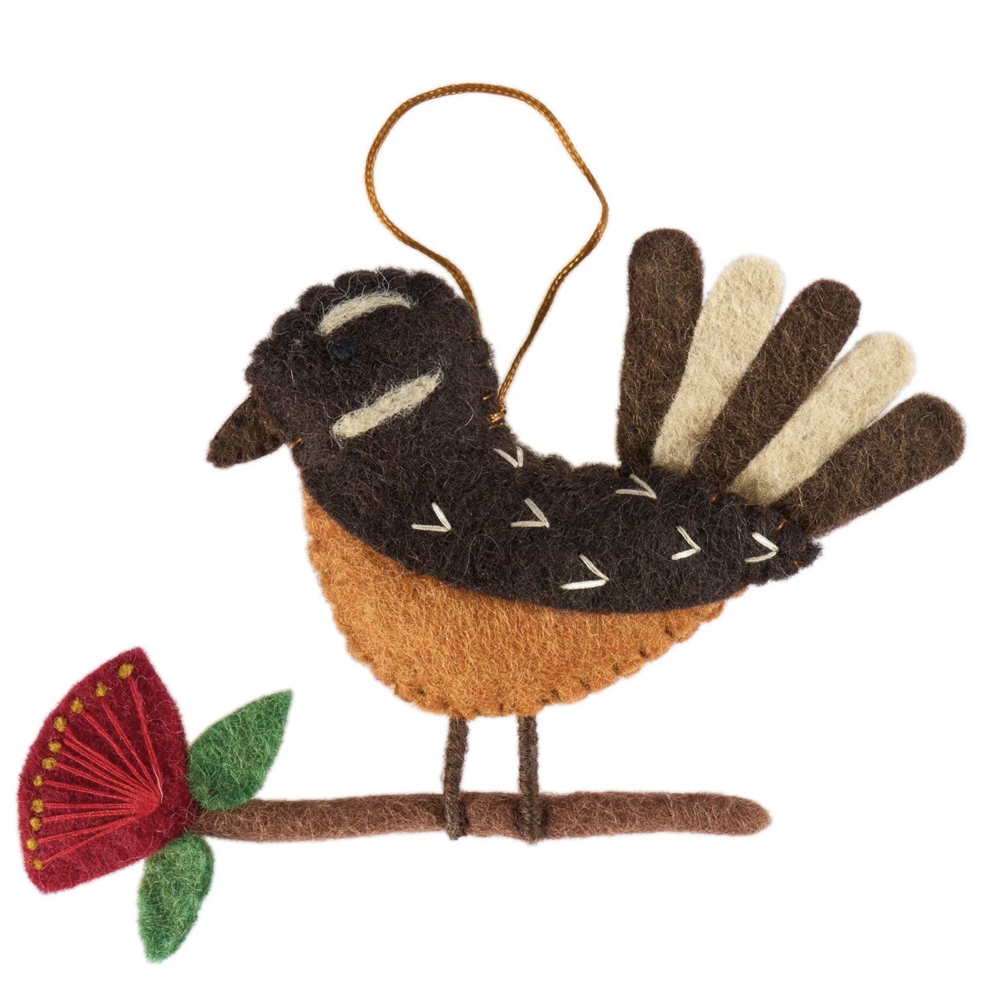 Felt fantail ornament with a branch and red flower on a white background