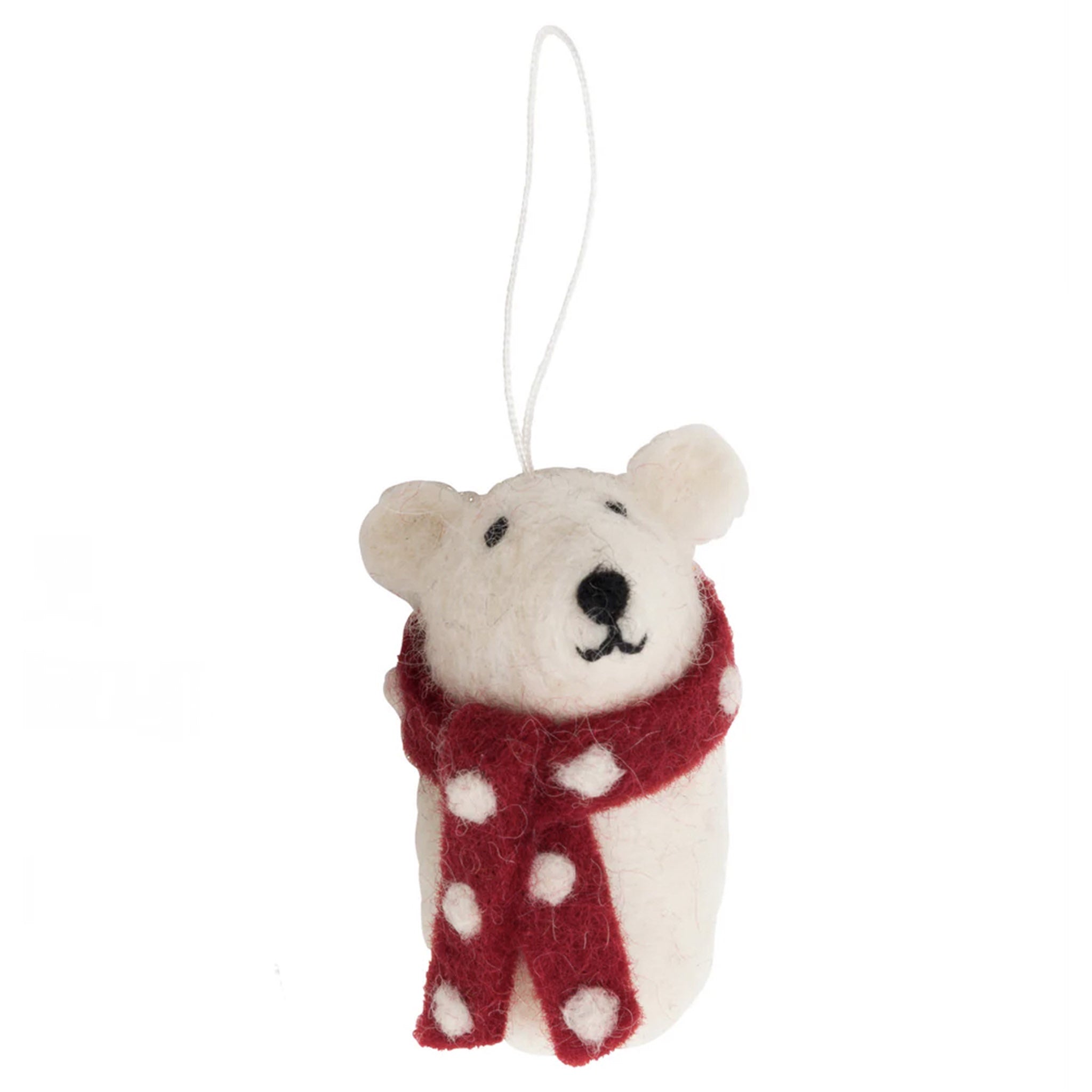 Felted white bear ornament with a red scarf on a white background