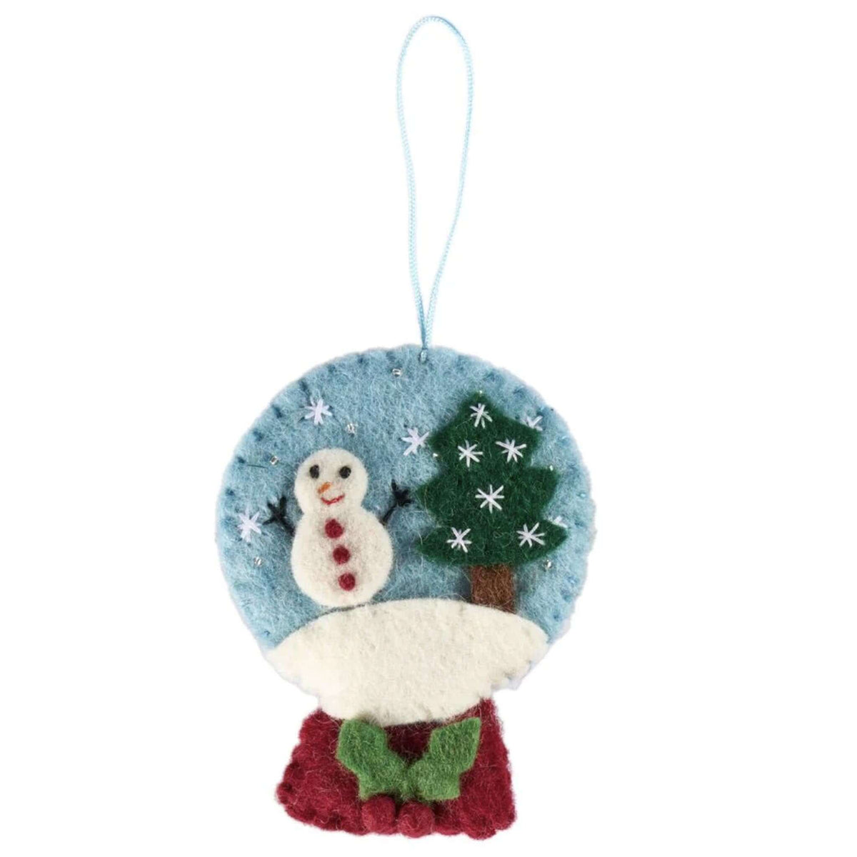 Pashom Nepal Felt Christmas Decoration - Snowman Snowglobe felt ornament with snowman, tree and hanging loop