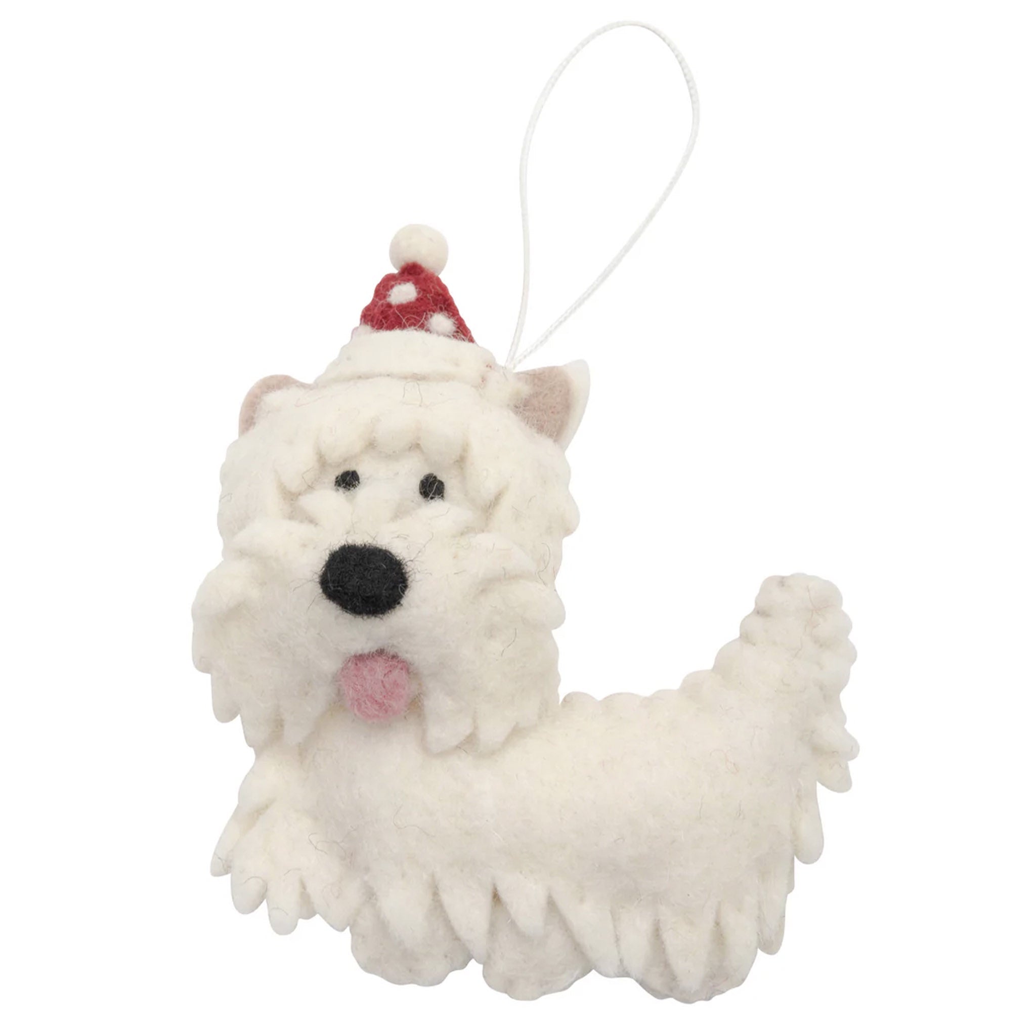 White dog ornament with a red and white hat on a white background