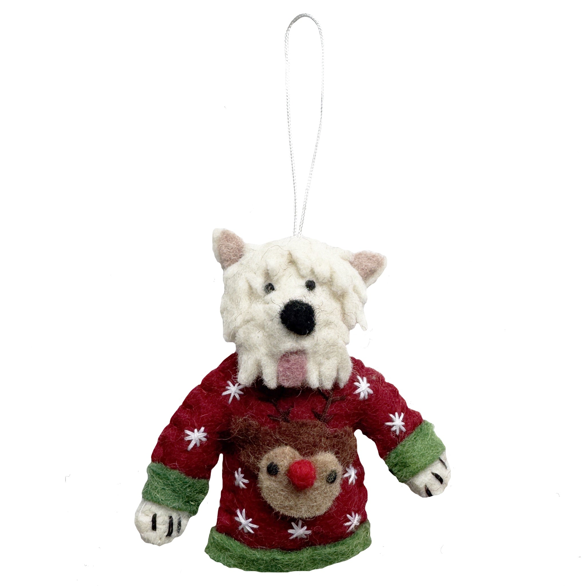 Felted white wolf ornament wearing a red sweater with a reindeer face on a white background