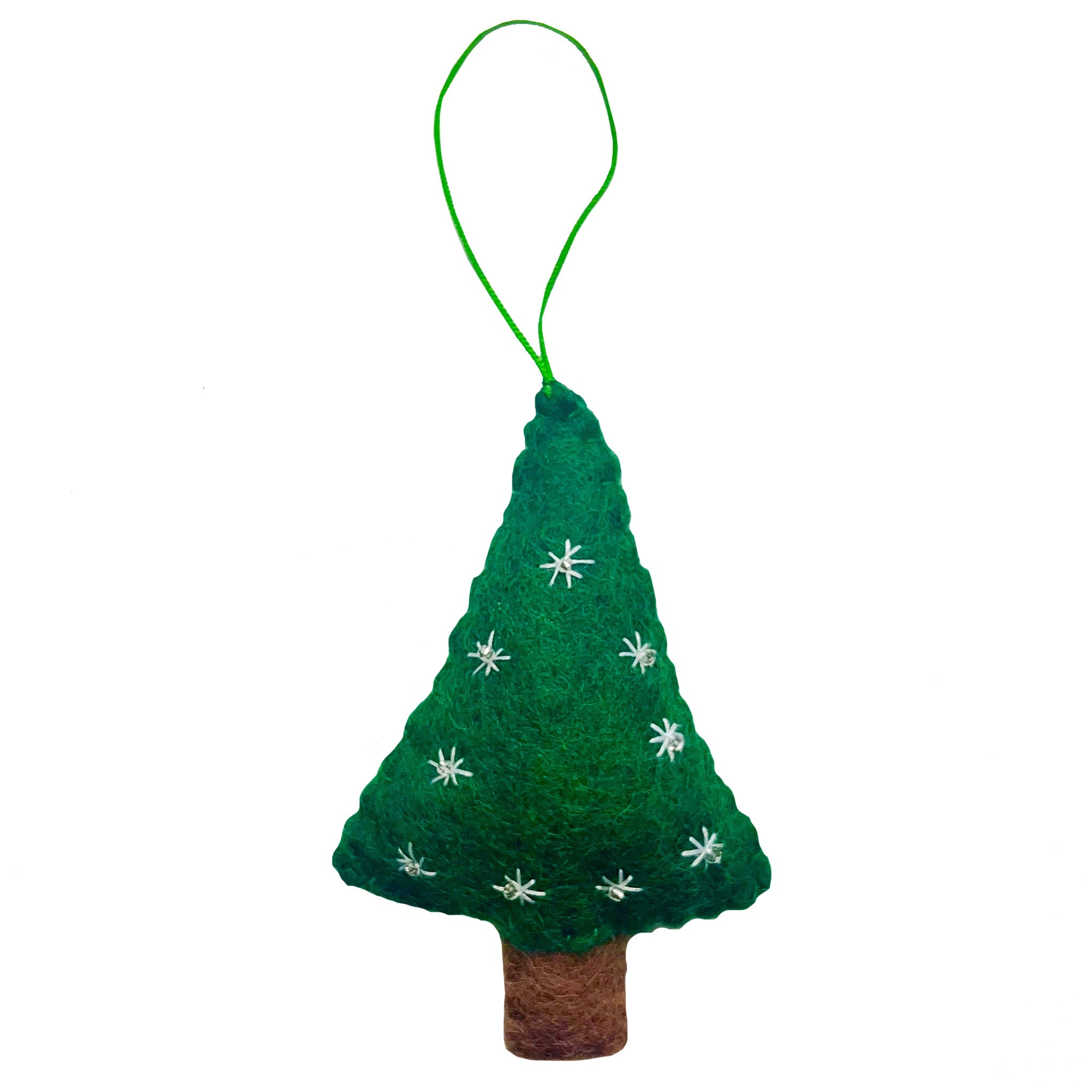 A green felt Christmas tree decoration with snow stitching and a brown hanging loop.