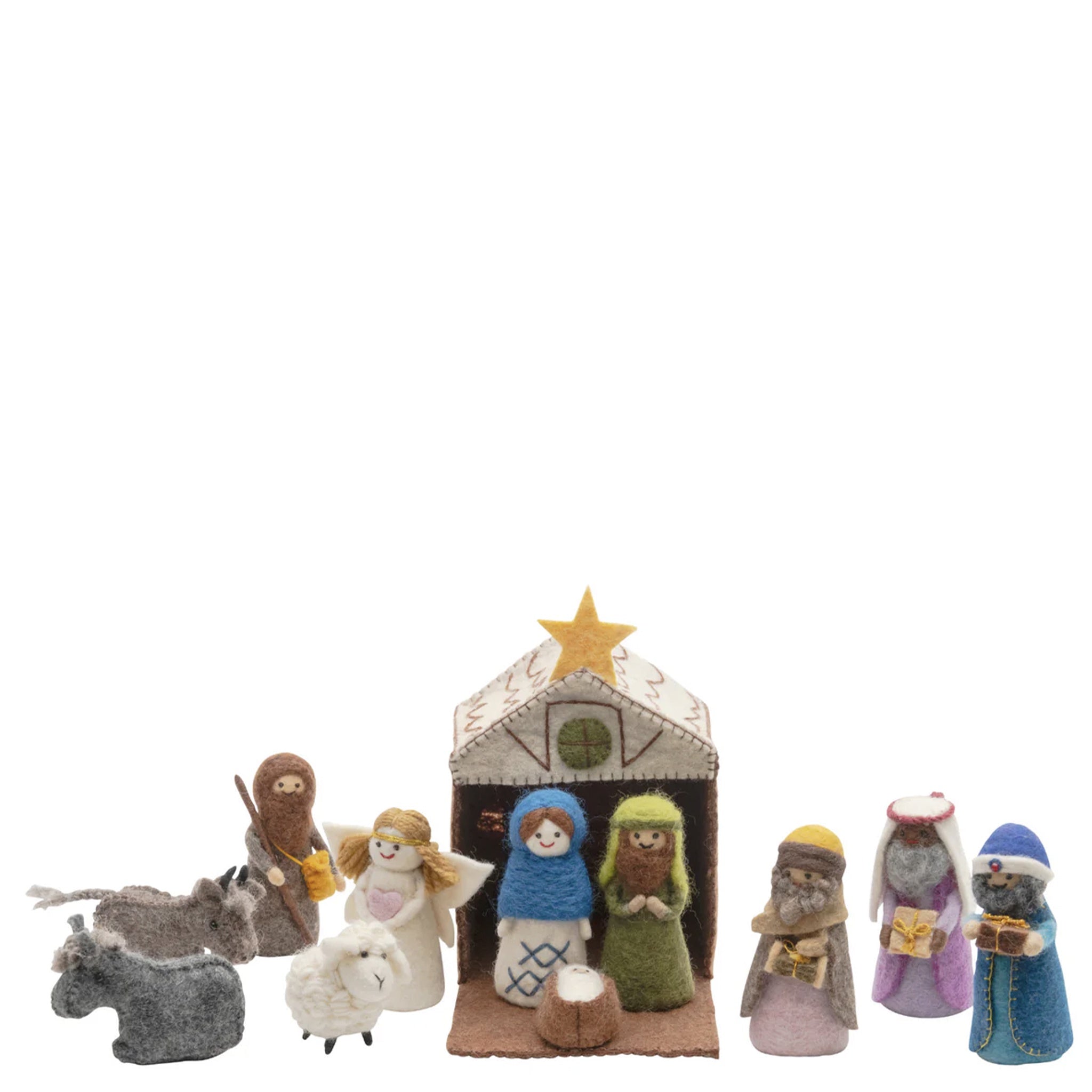 A colorful handmade felt nativity set featuring various characters including the three wise men, baby Jesus, Mary and Joseph, an angel, shepherd, sheep, and two donkeys, with a felt manger.