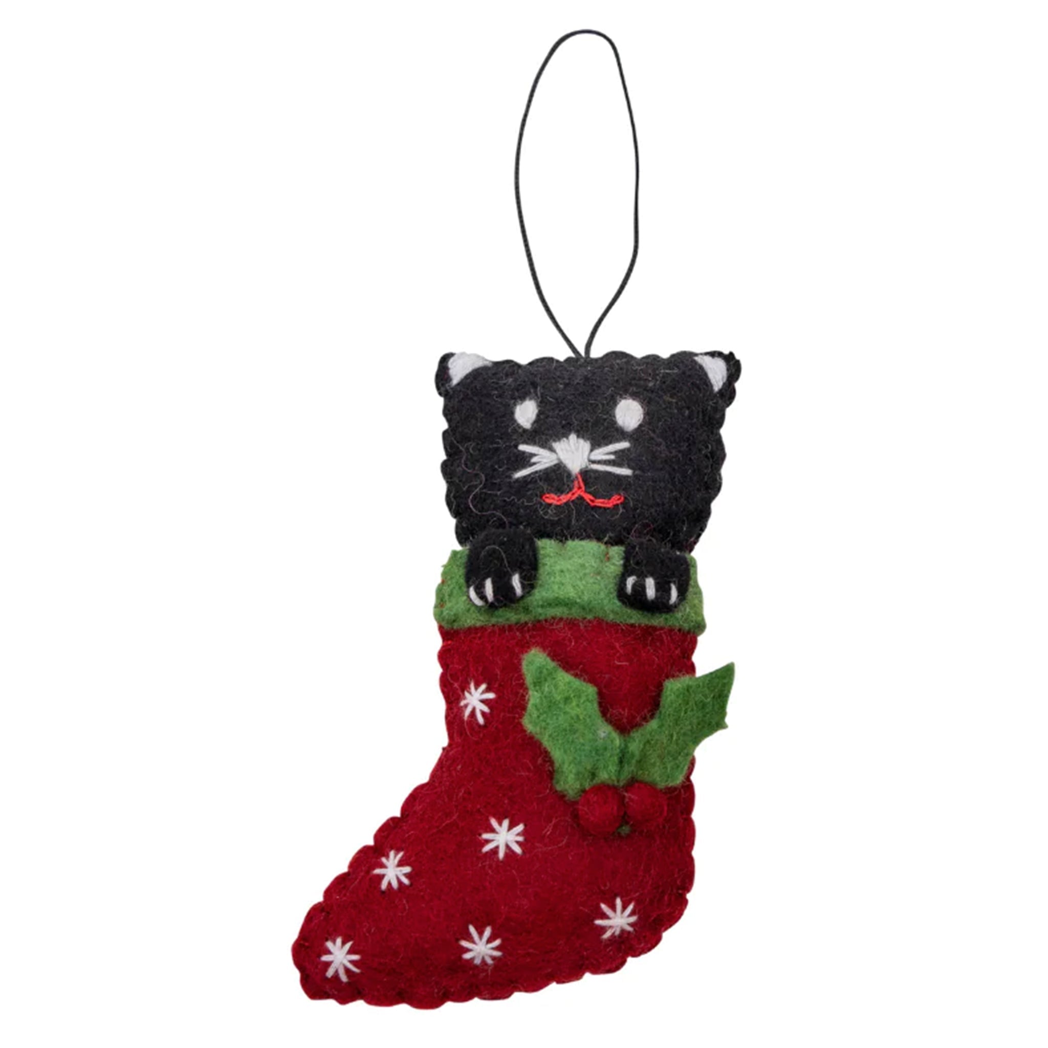 Felt black cat in a Christmas stocking Christmas Decoration on a white background.