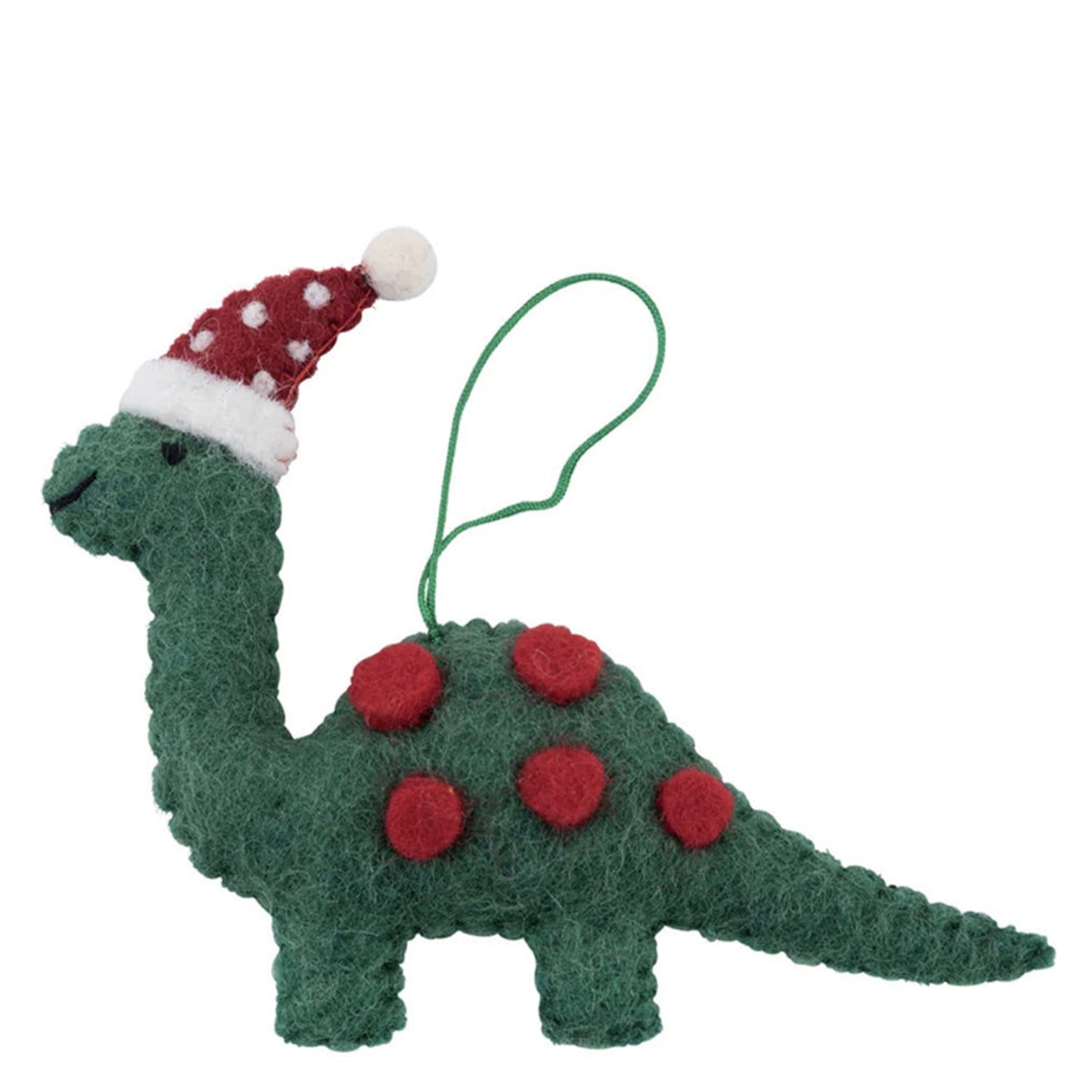Green felt dinosaur ornament with a Santa hat on a white background