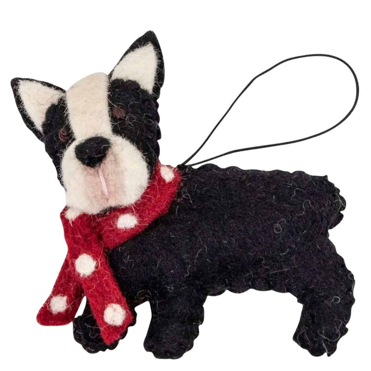 Pashom Nepal Felt Christmas Decoration - French Bulldog in a Scarf handmade eco-friendly felt ornament with red polka dot scarf