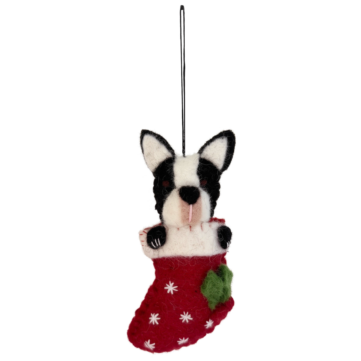 Pashom Nepal Felt Christmas Decoration - French Bulldog in a Stocking, felt French bulldog ornament in a red stocking
