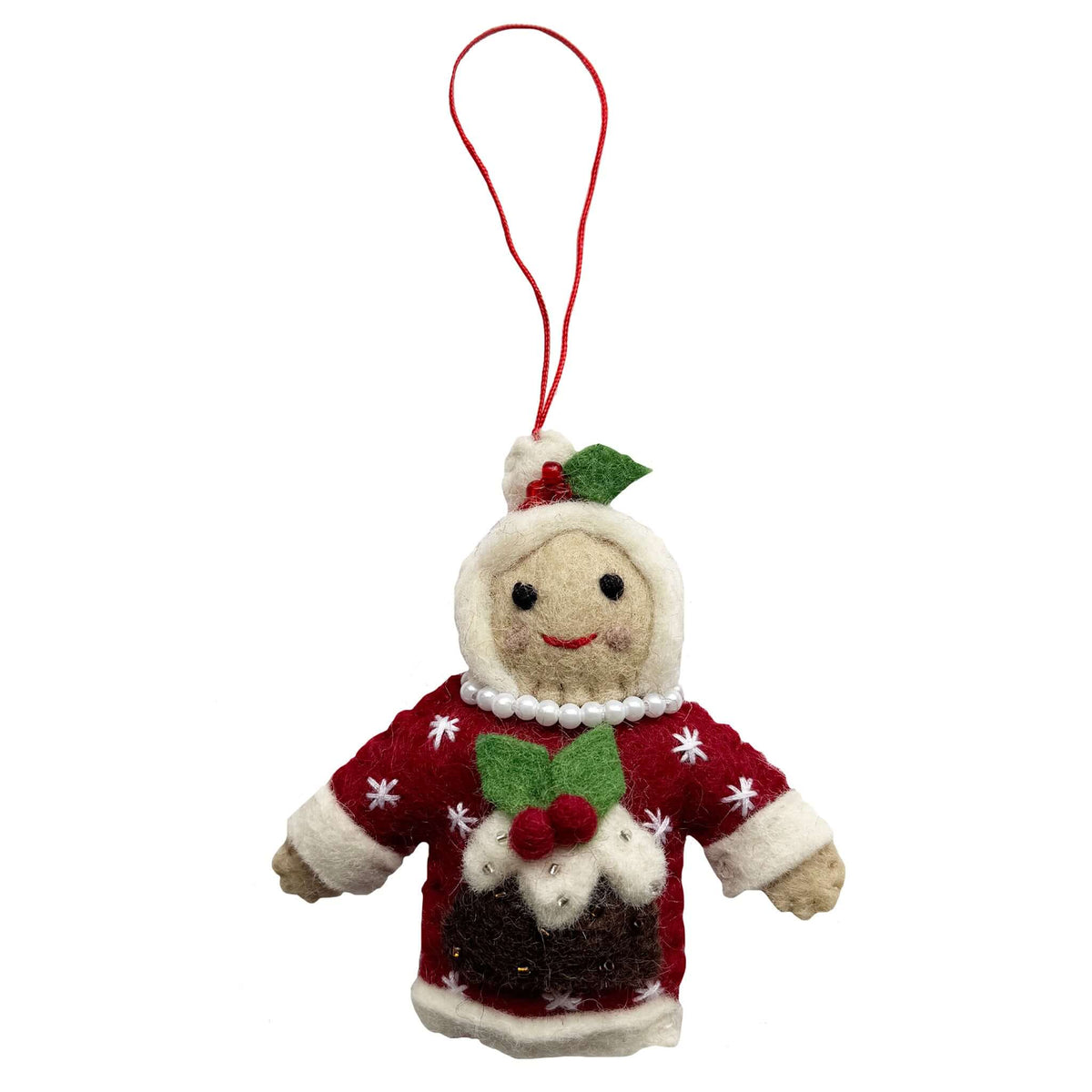 Pashom Nepal Felt Christmas Decoration - Mrs Claus in a Sweater, handmade felt ornament with red sweater and hanging loop