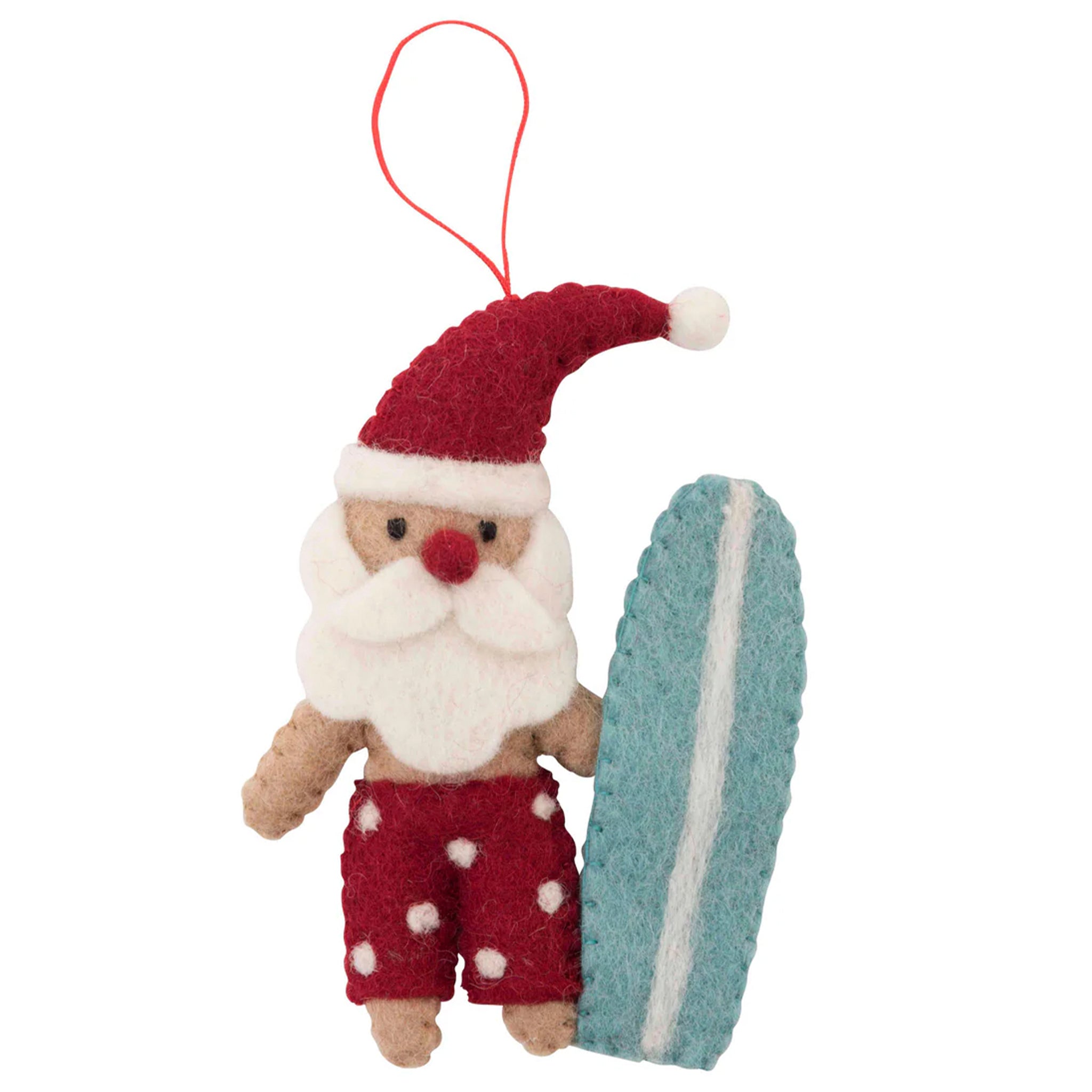 Felt Santa Claus ornament with a surfboard on a white background