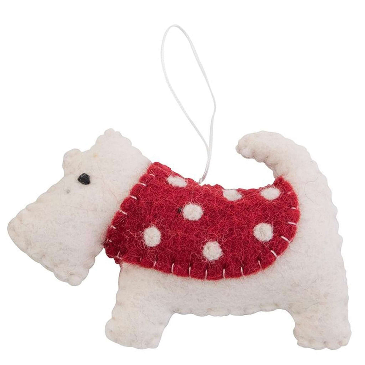 Pashom Nepal Felt Christmas Decoration - Scottish Terrier in a Coat felt dog ornament with red polka dot coat