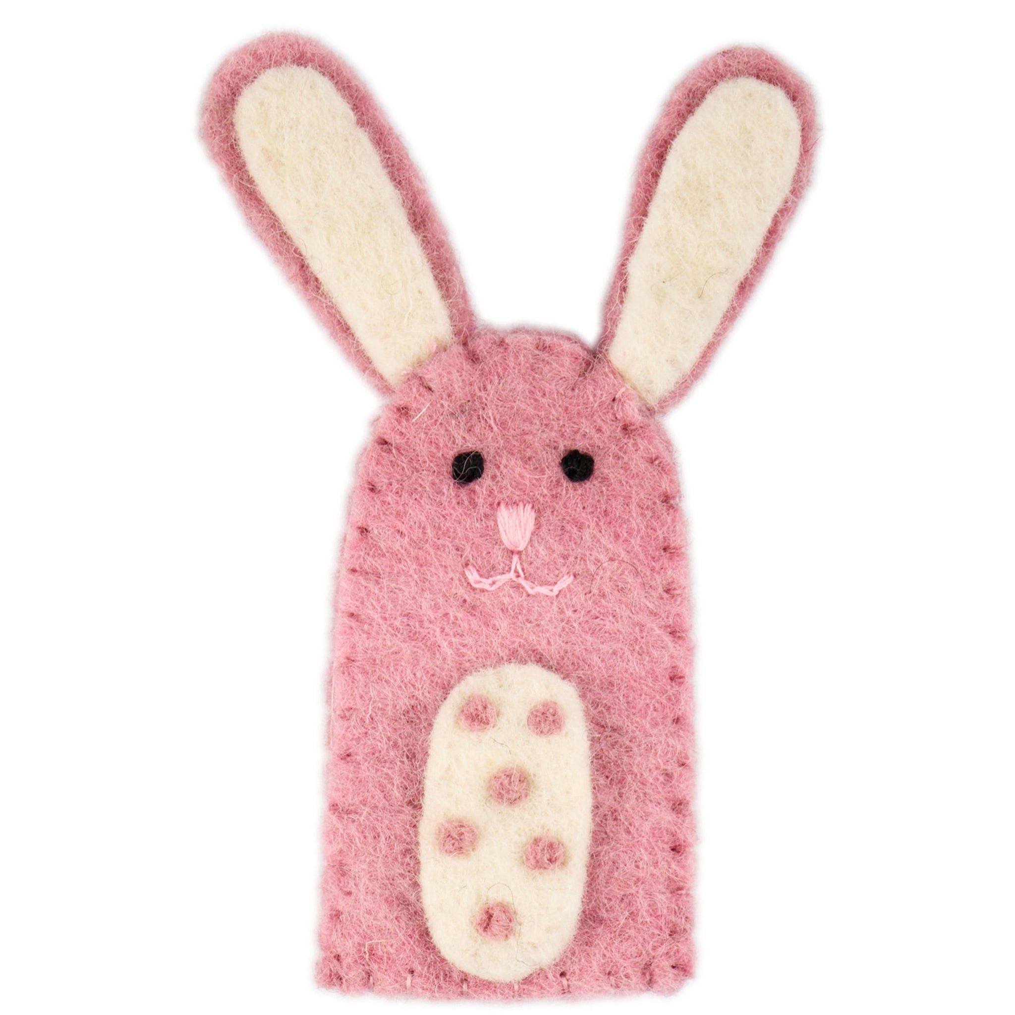 Pink felt bunny finger puppet.