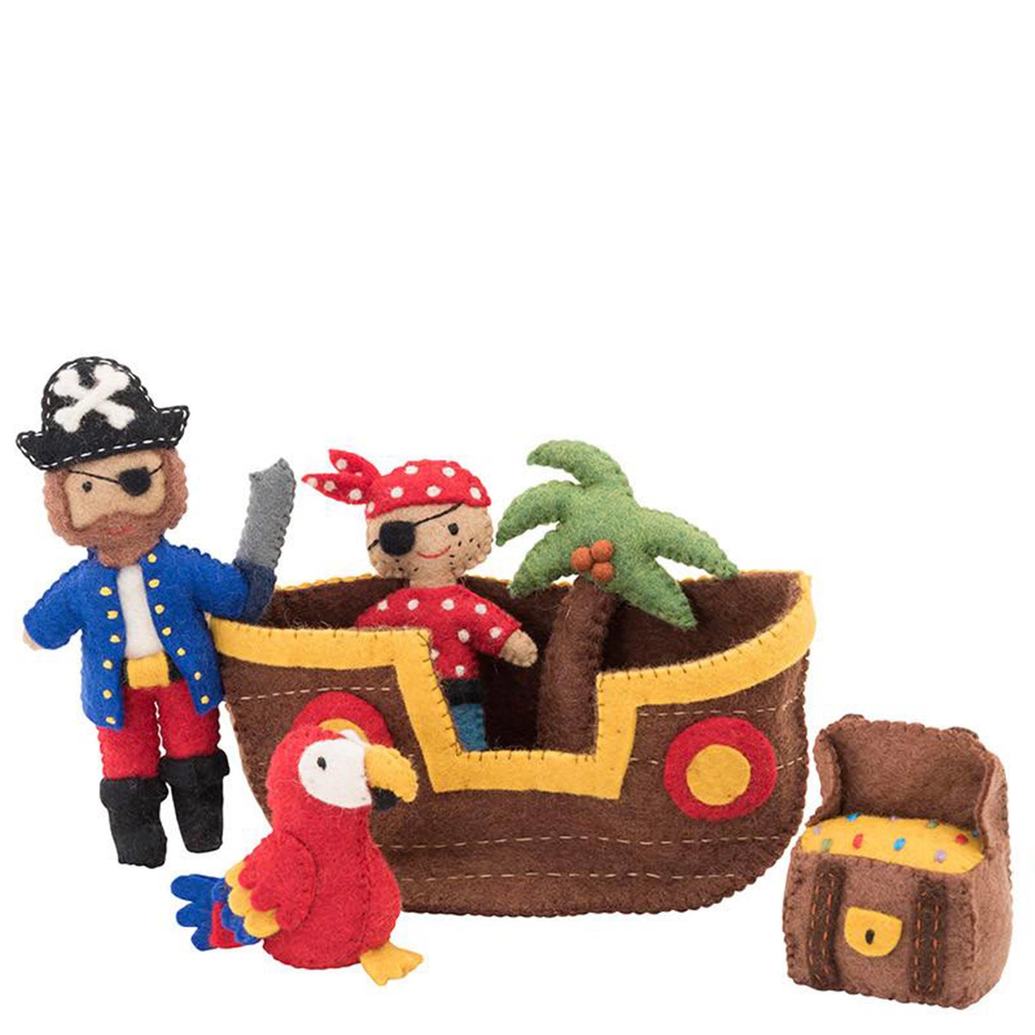Felt pirate ship with pirate figures and a parrot on a white background