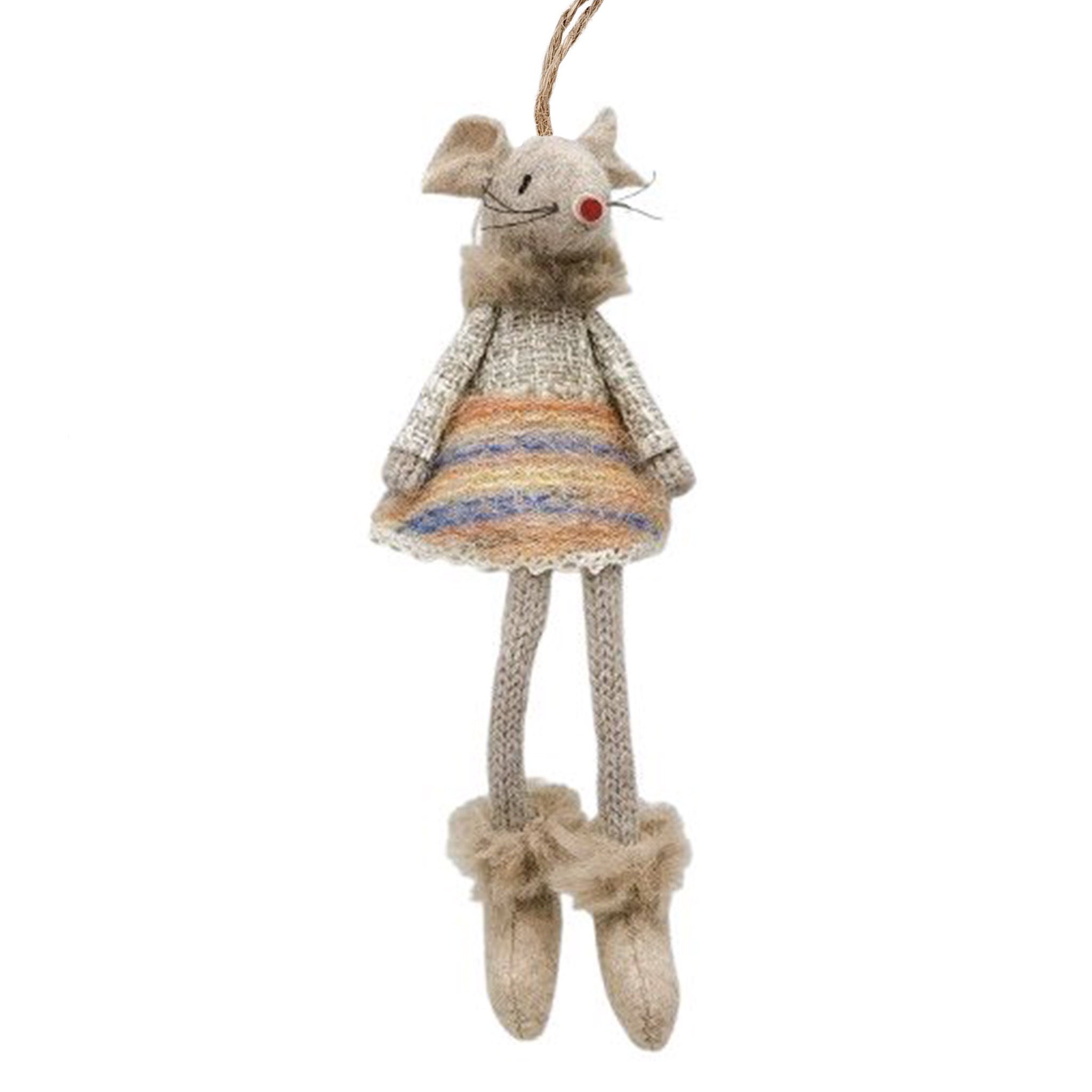 Plush mouse toy with a colorful dress on a white background