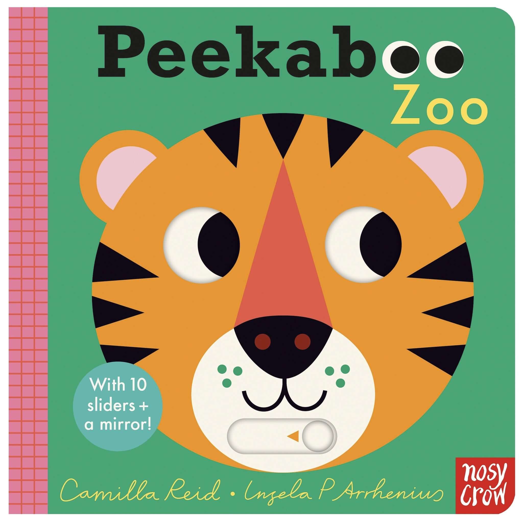Alt Tag: Peekaboo Zoo board book cover with tiger face, interactive sliders and mirror for babies and toddlers