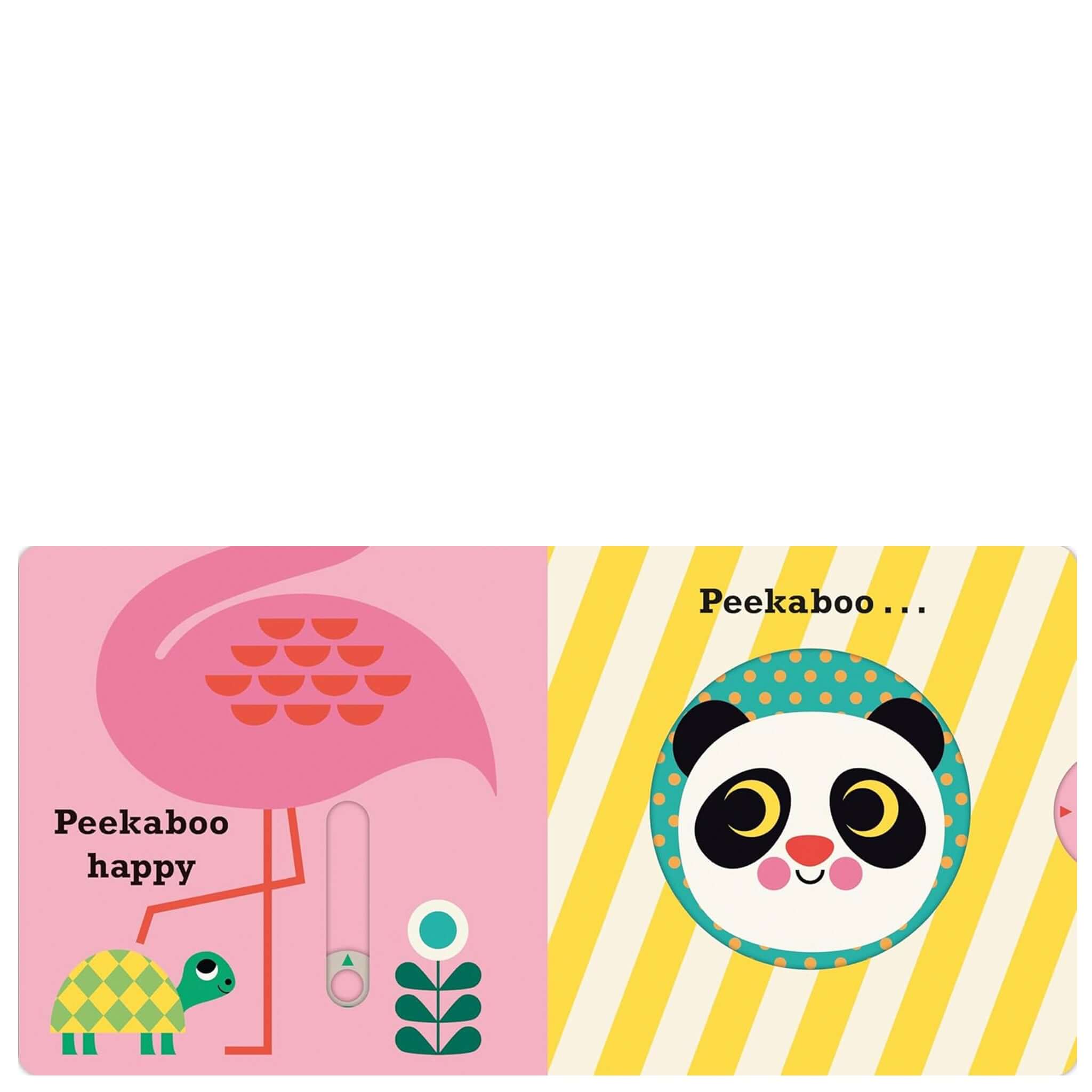 Alt Tag: Peekaboo Zoo board book spread with panda peekaboo slider and zoo animals, interactive baby toddler book with mirror ending