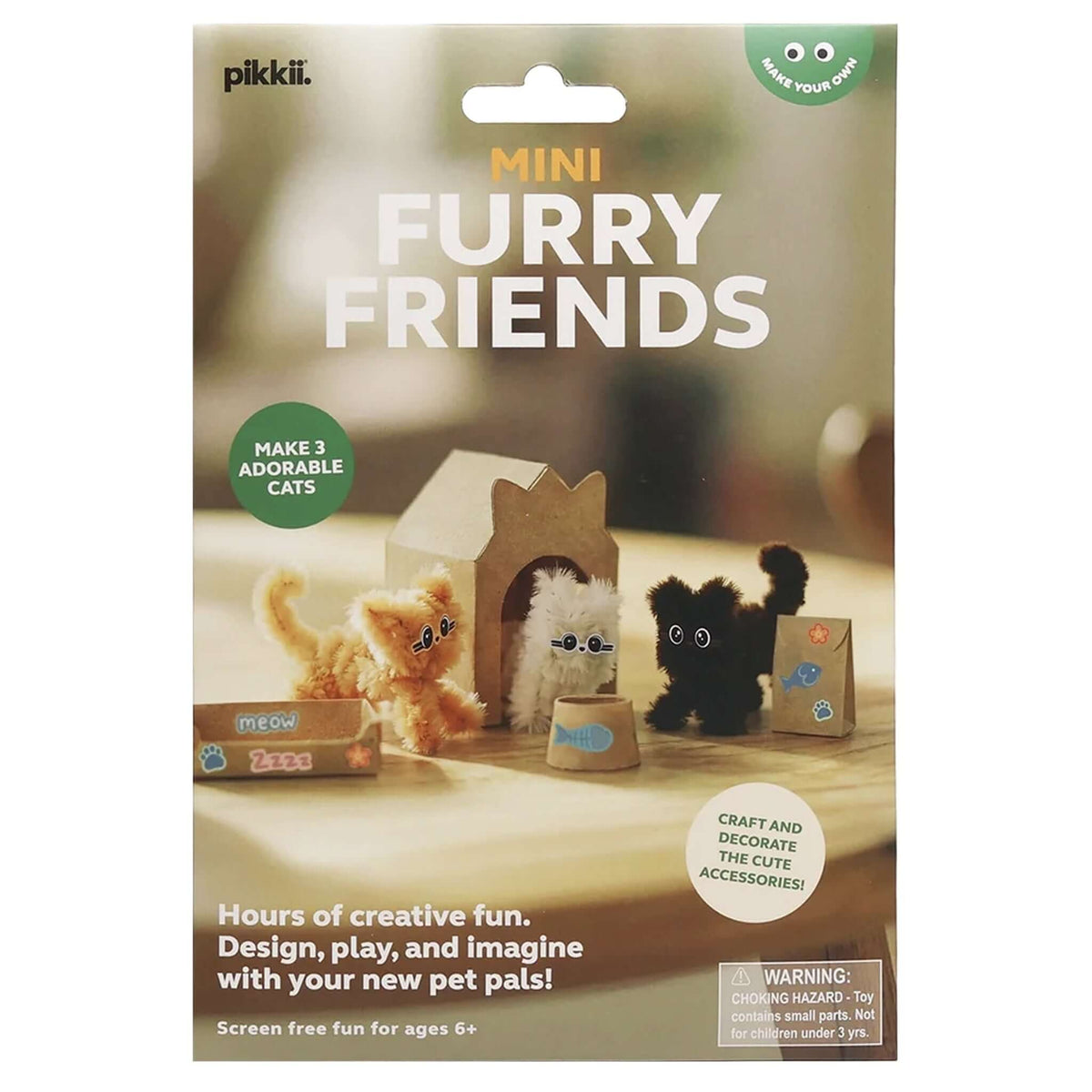 Pikkii Mini Furry Friends Kit packaging featuring handmade cat figures and accessories for kids to create their own pets.