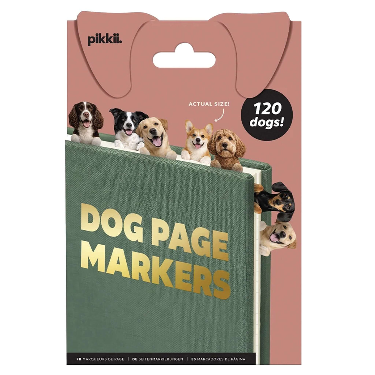 Pikkii Page Markers - Dog packaging featuring adorable dog portraits, highlighting 120 dog designs for bookmarking.