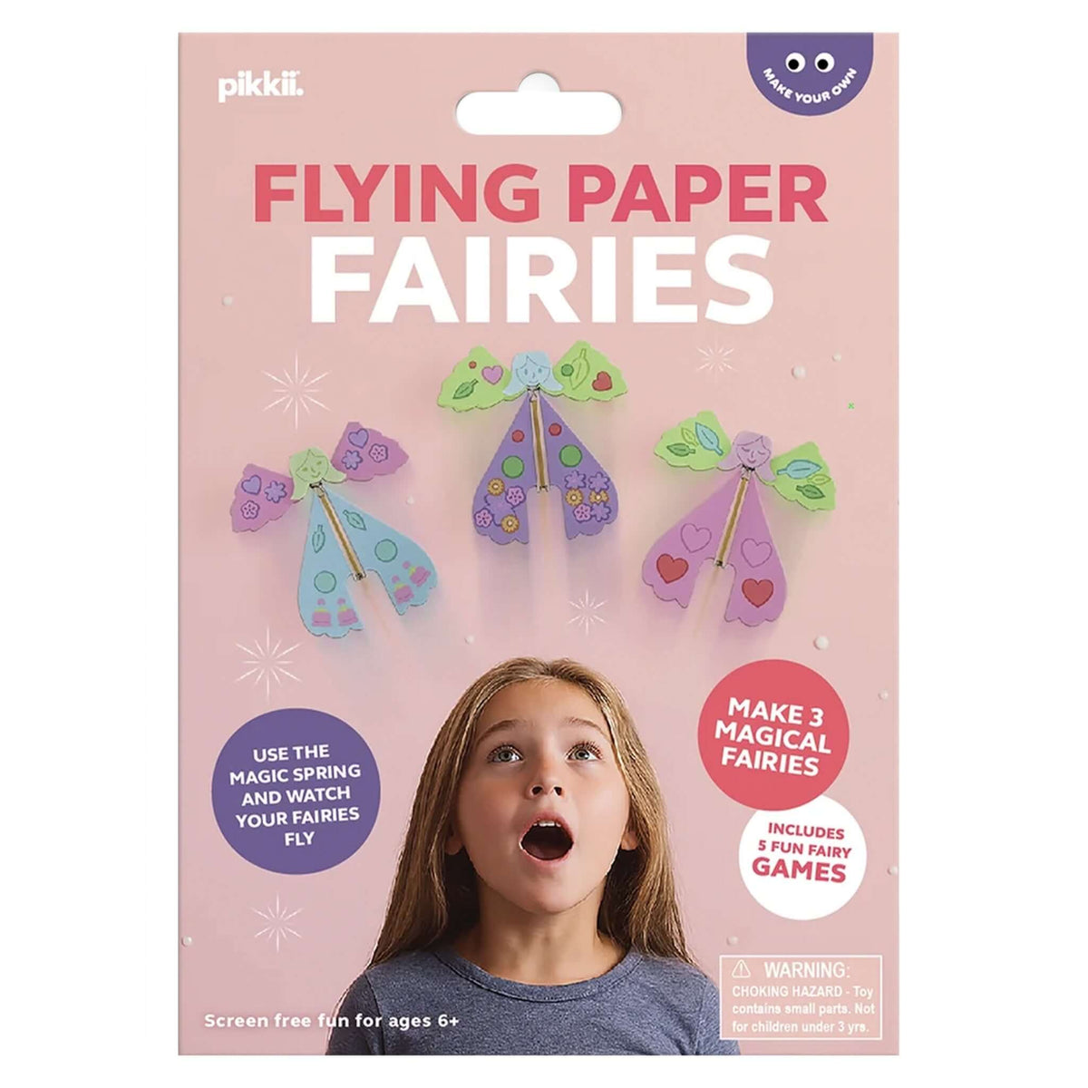 Pikkii Origami Paper Flying Fairies kit with colorful fairies and a surprised child on the packaging.