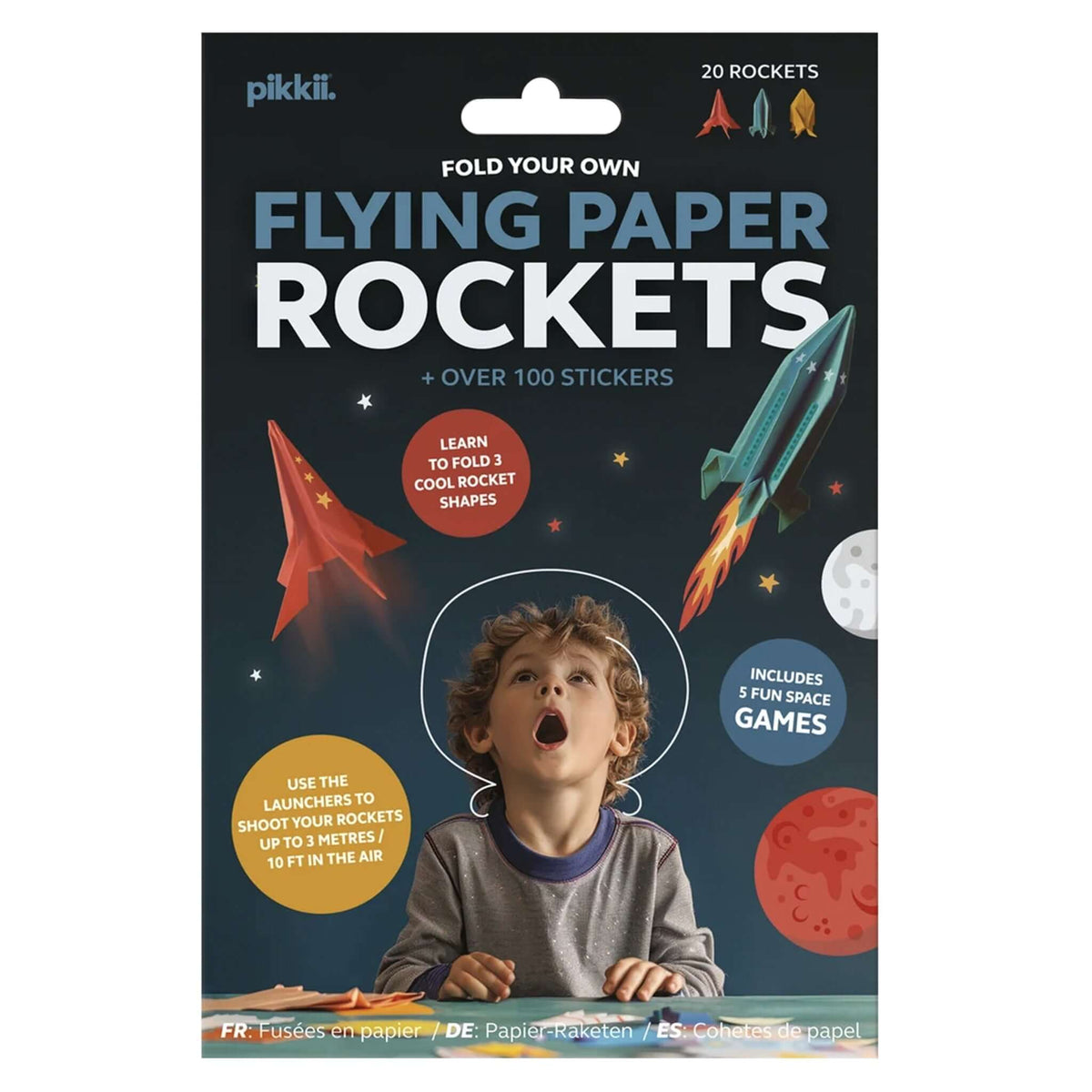 Pikkii Origami Paper Flying Rockets kit with stickers and launchers for making 20 paper rockets.