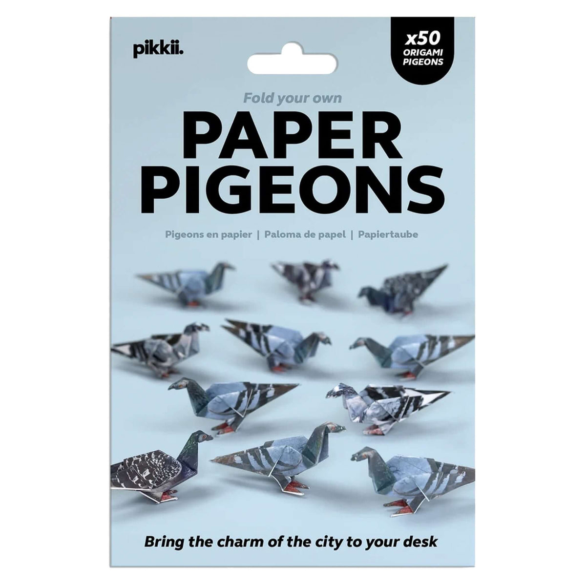 Pikkii Origami Paper Pigeons pack with 50 fold-your-own paper pigeons in distinct patterns.