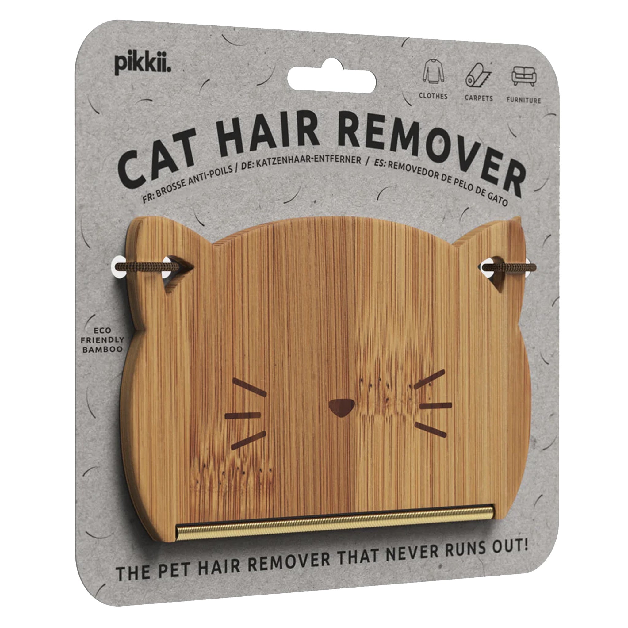 Cat hair remover with wooden design on a gray packaging background