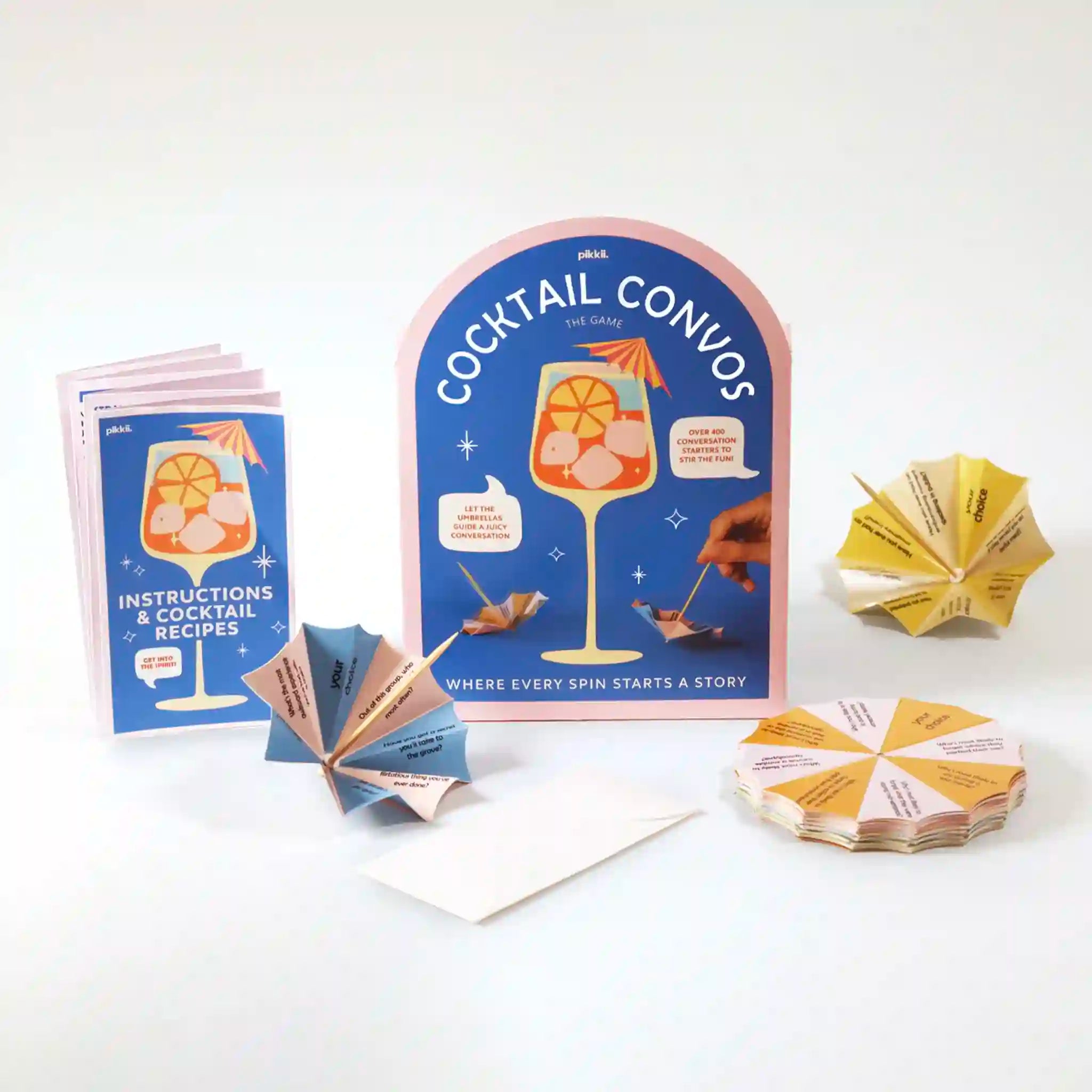 Cocktail Convos game set with cards and instructions on a white background