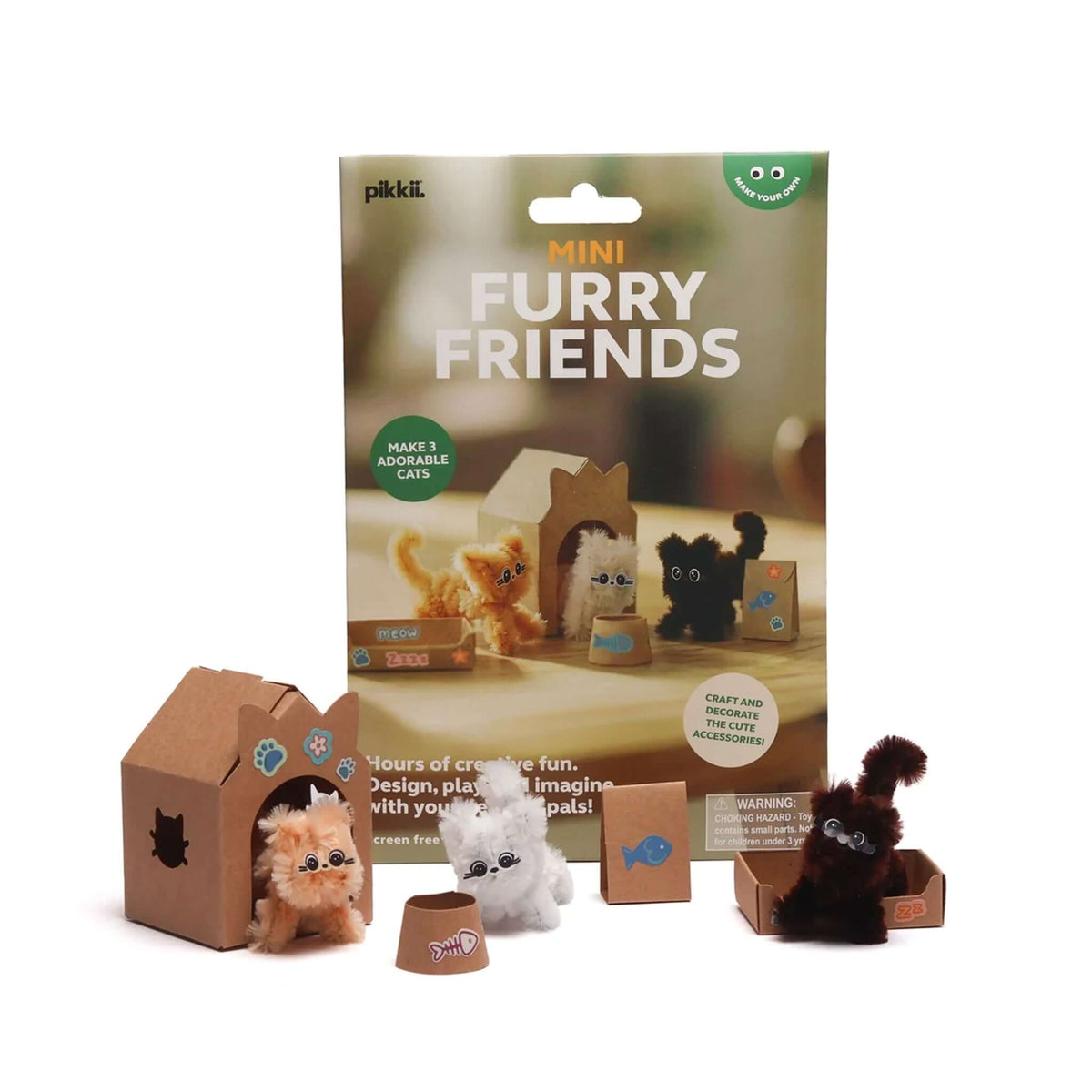 Pikkii Mini Furry Friends Kit with three fluffy cat figurines and a cardboard house, perfect for creative play.