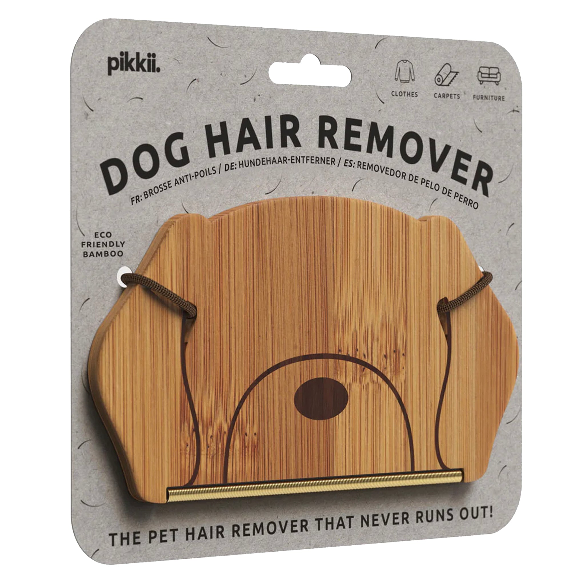 Pakkaged dog hair remover with wooden design on a gray background