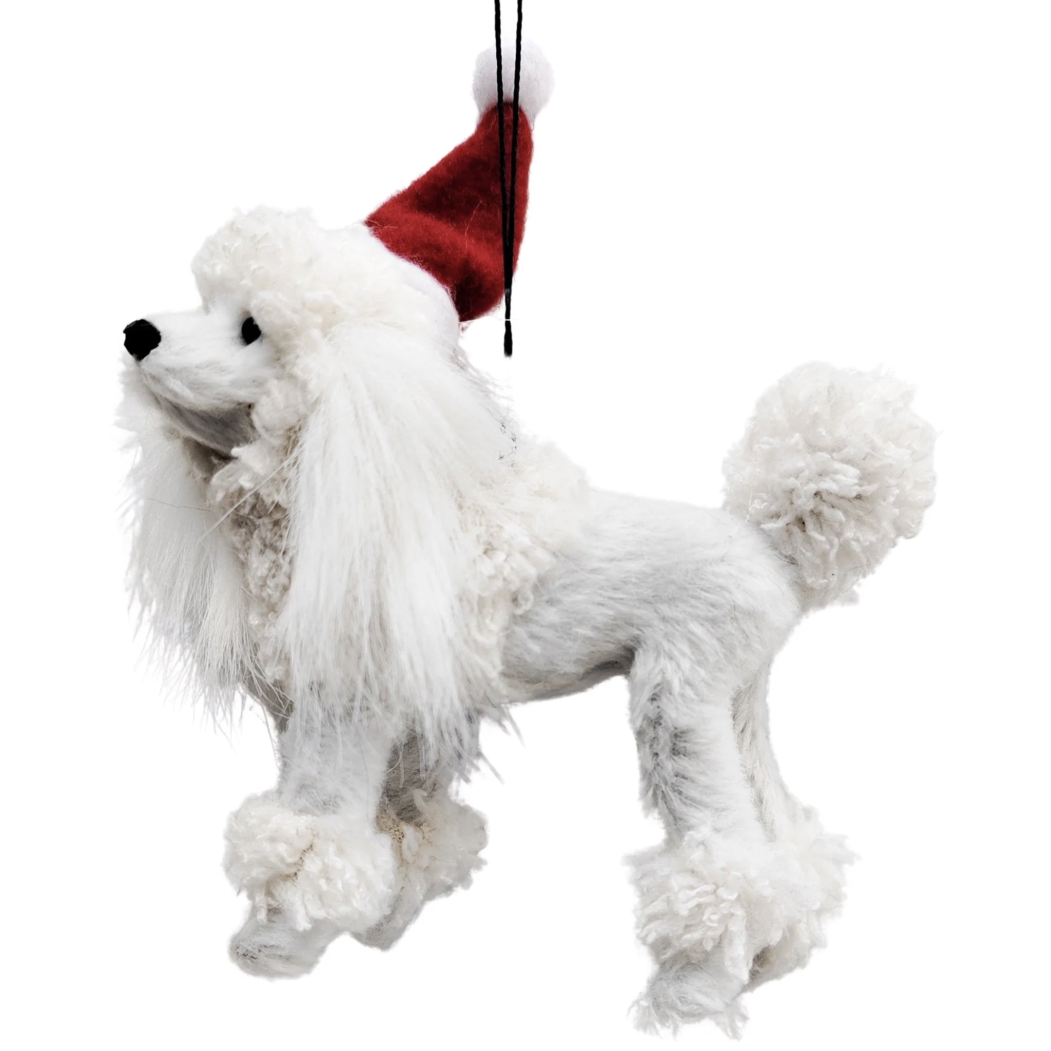 A white poodle wearing a red and white Christmas hat, designed as a hanging decoration for the holiday season.