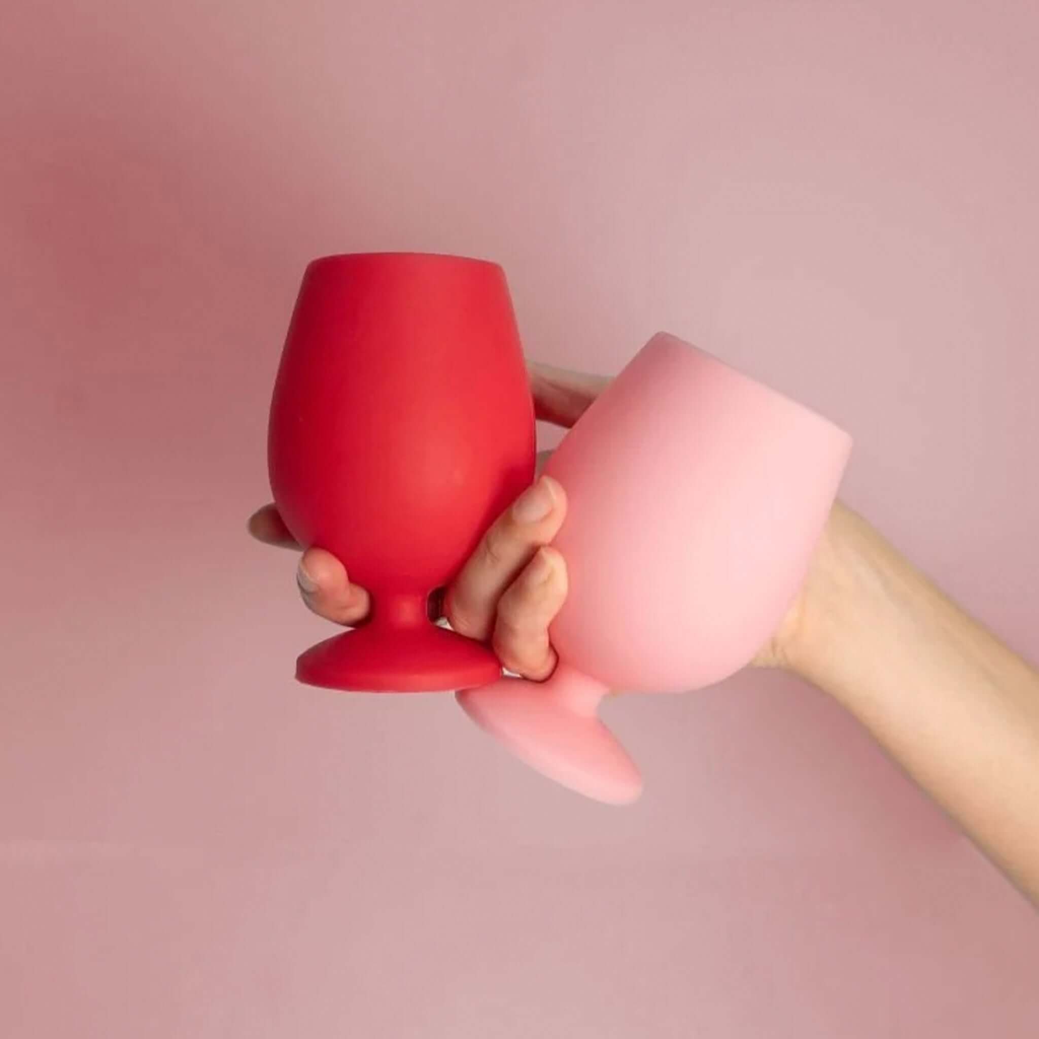 Porter Green Stemm Unbreakable Wine Glass Set - Cherry & Blush, silicone wine glasses in red and pink colors.