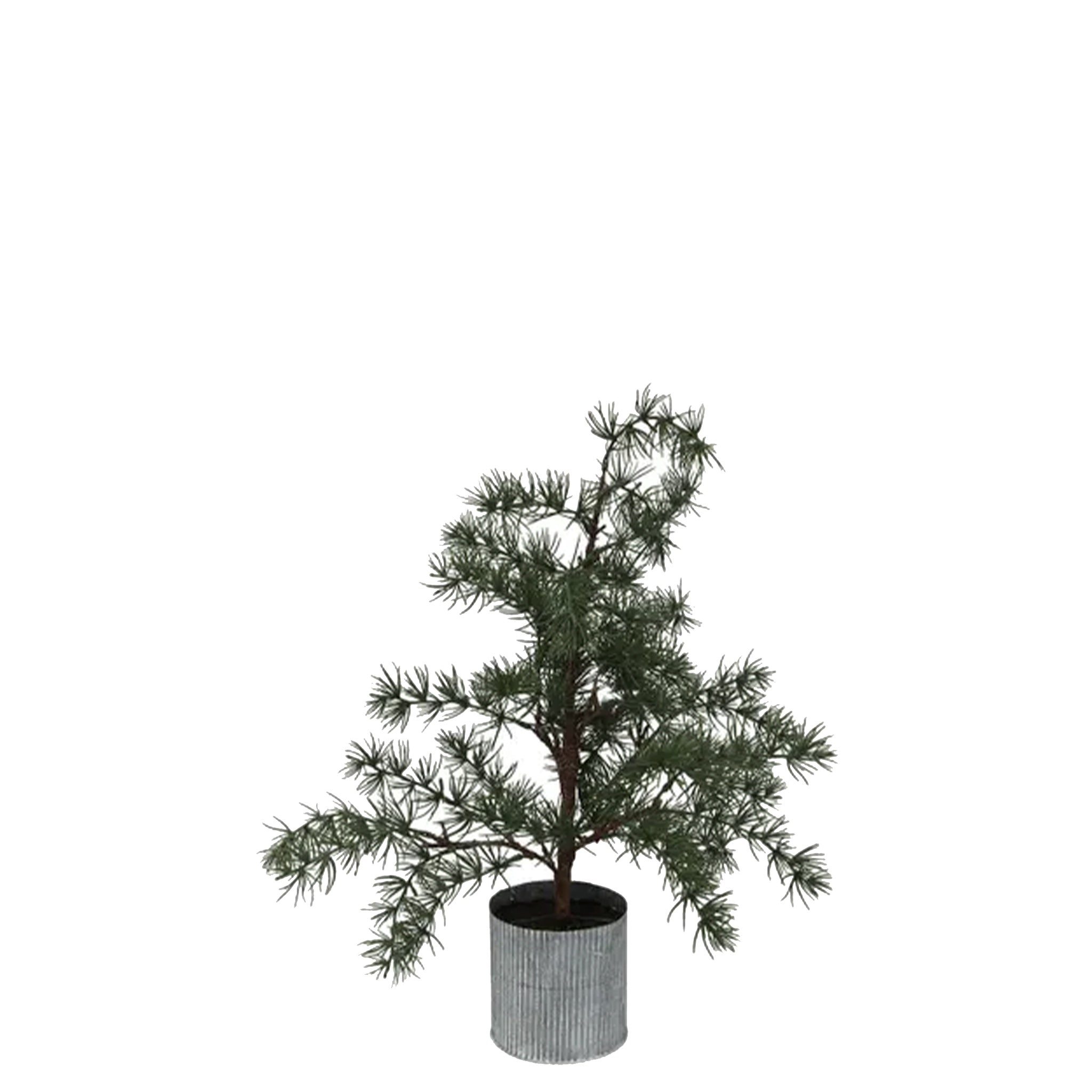 A potted artificial Fraser Fir Christmas tree with delicate needles and realistic branches, sitting in a galvanised zinc pot.