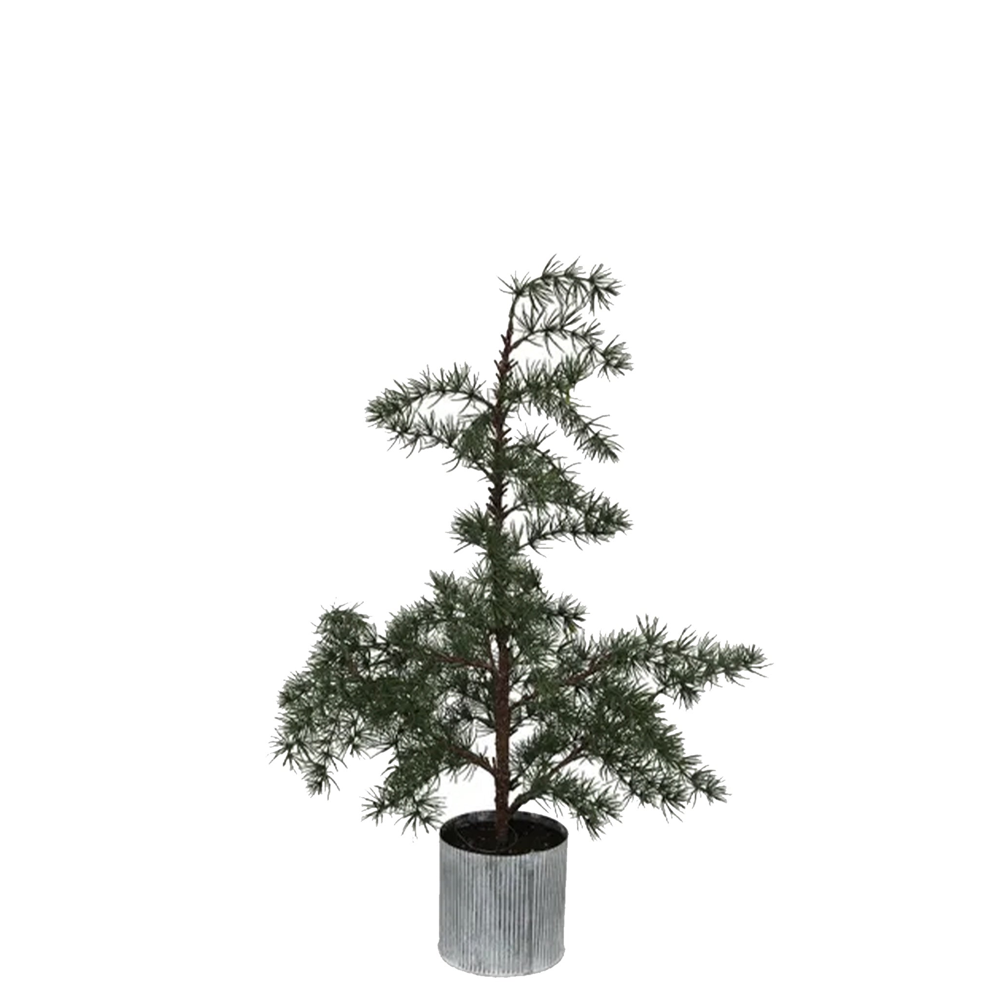 A potted artificial Fraser Fir Christmas tree with delicate needles and realistic branches, sitting in a galvanised zinc pot.
