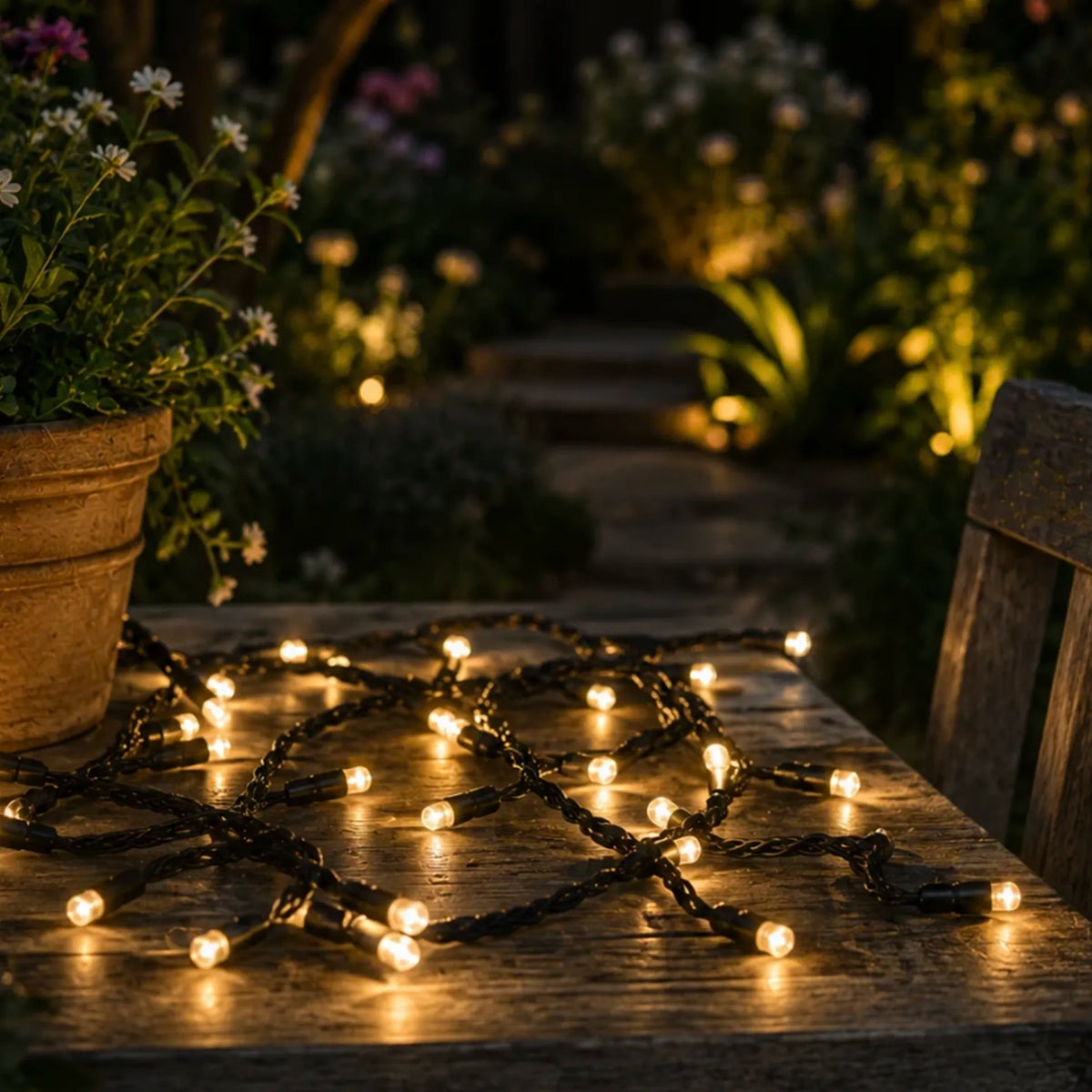 Premium Fairy Lights - USB Rechargeable 10m shown illuminated outdoors