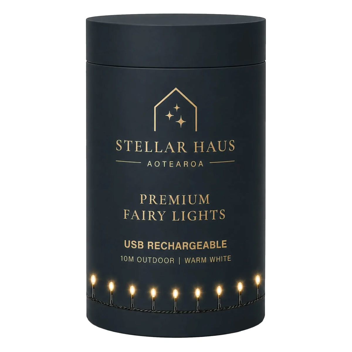 Premium Fairy Lights - USB Rechargeable 10m, warm white lights on a black cable