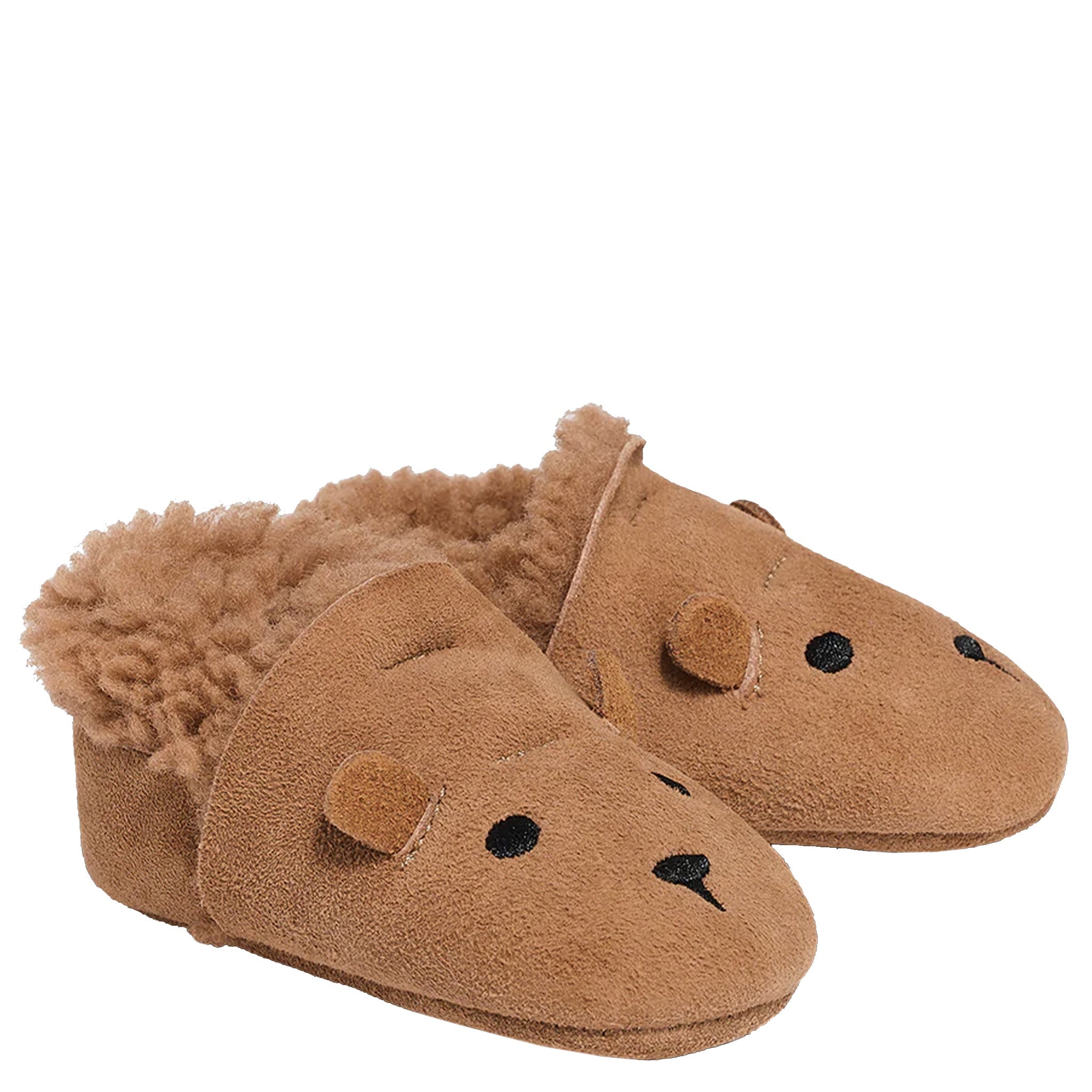 Pair of brown bear-shaped slippers on a white background