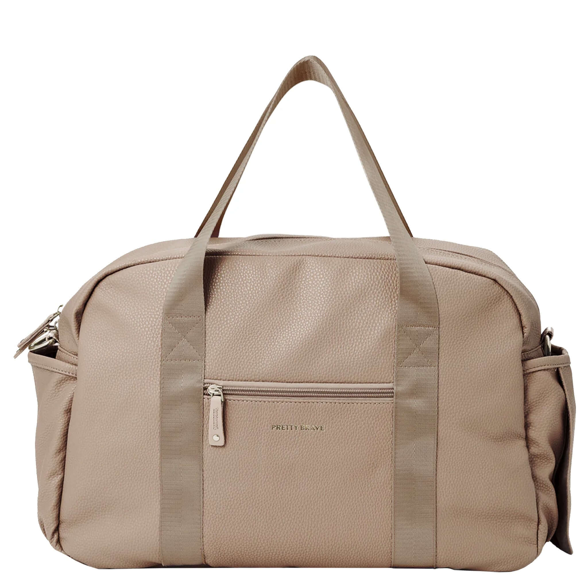 Alt Tag: Pretty Brave Stella Baby Bag - Natural Pebbled vegan pebbled leather nappy bag with handles, zip pocket and detachable strap