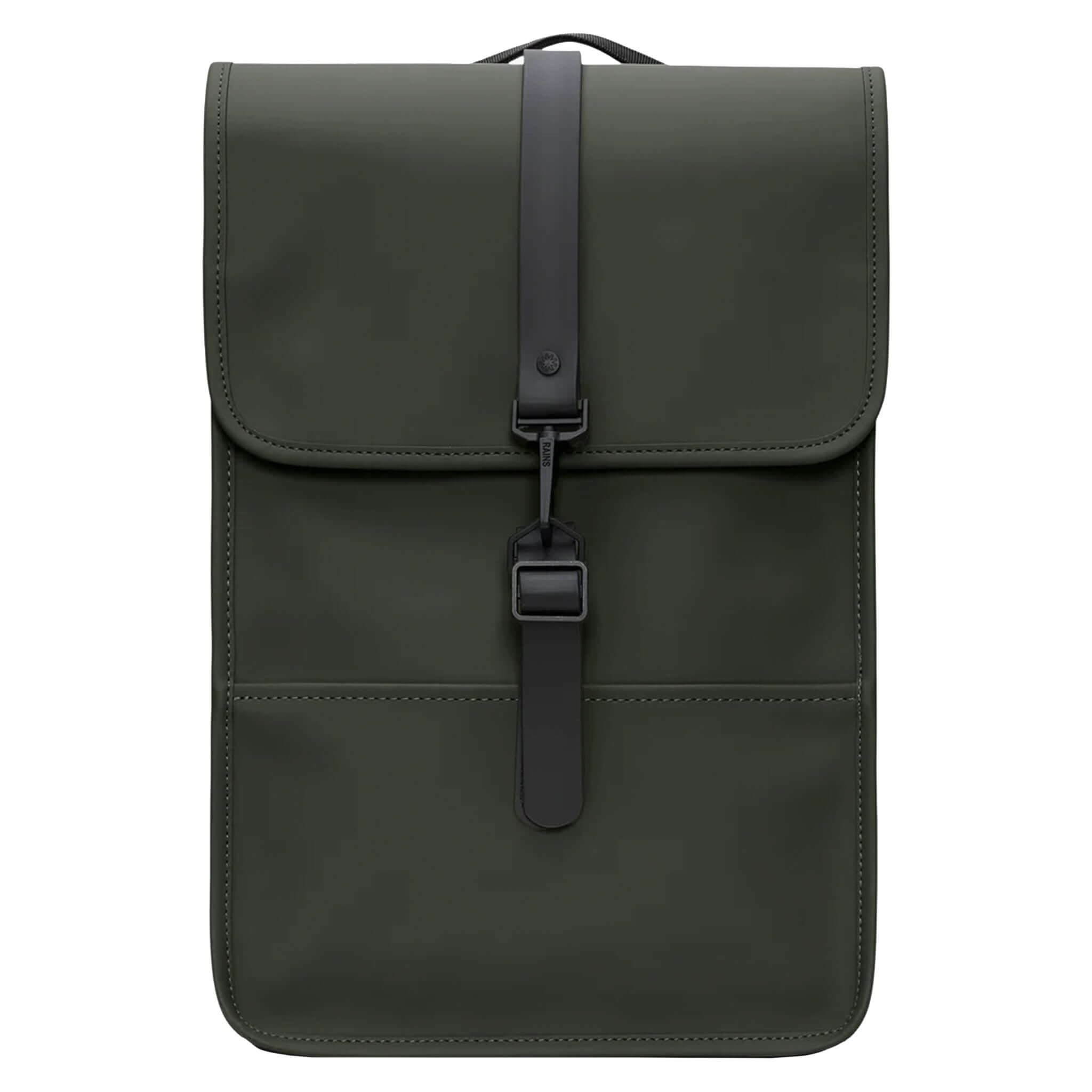 Rains Backpack Mini - Green, a compact commuter bag with clean design and durable materials.