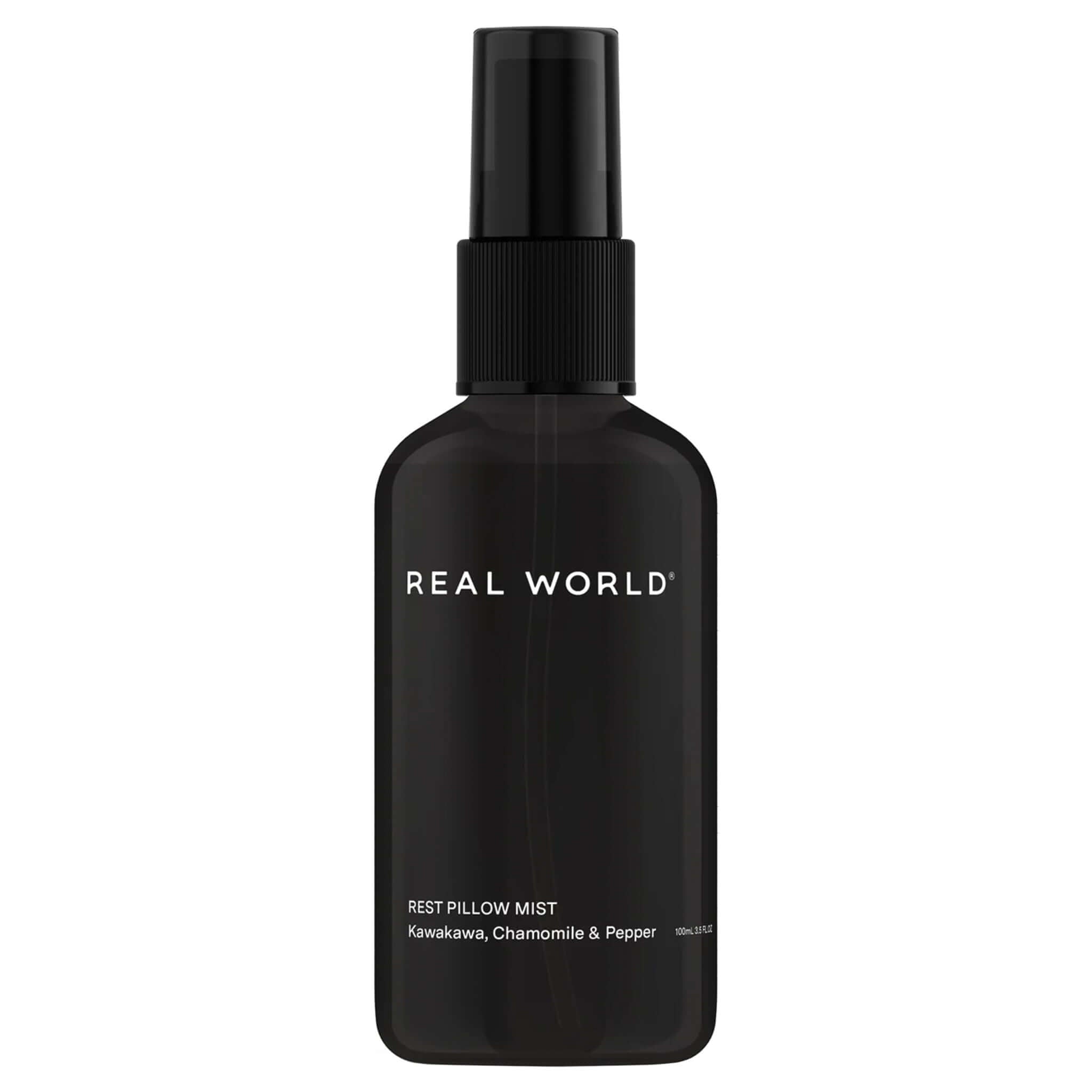 Real World Pillow Mist - Kawakawa, Chamomile & Pepper in a travel-sized spray bottle for restful sleep.