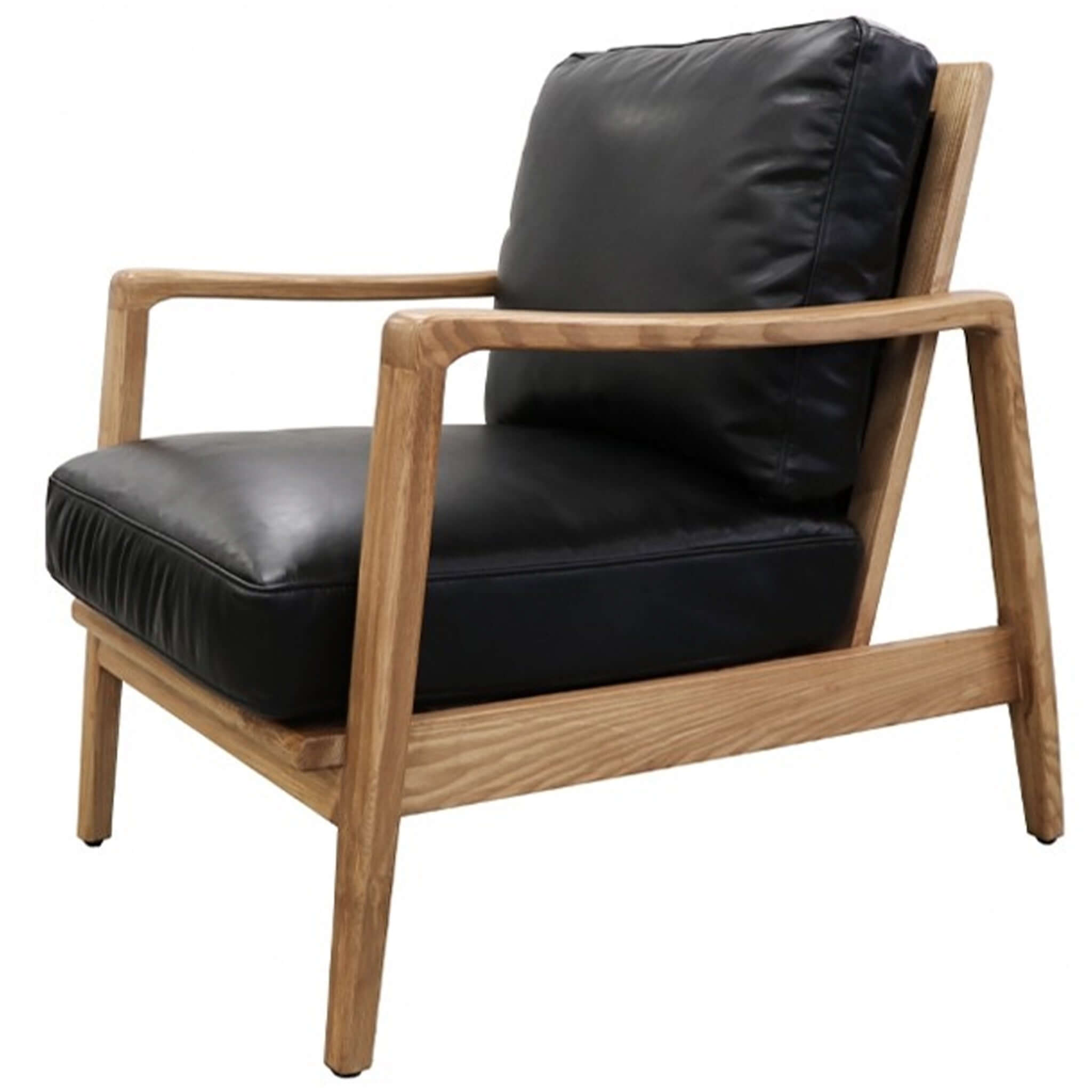 Alt Tag: Reid American Ash Armchair - Natural with Black Leather contemporary armchair with ash wood frame and black leather cushion