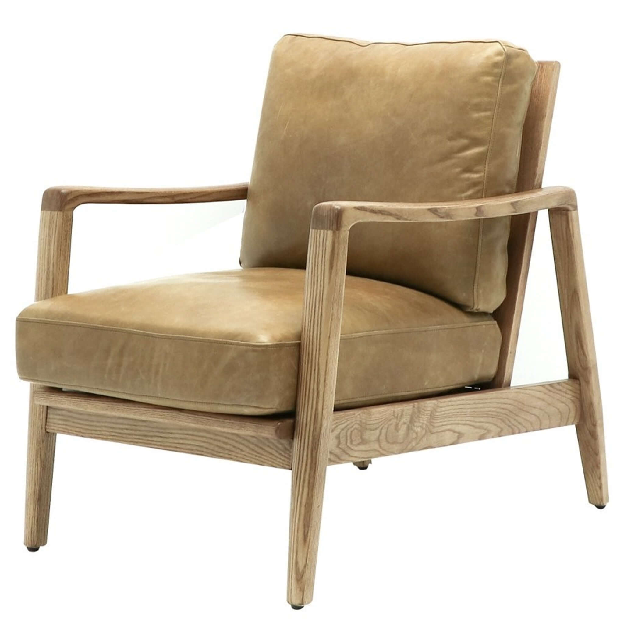 Alt Tag: Reid American Ash Armchair - Natural with Tan Leather, contemporary natural ash wood frame with tan leather seat and back cushion