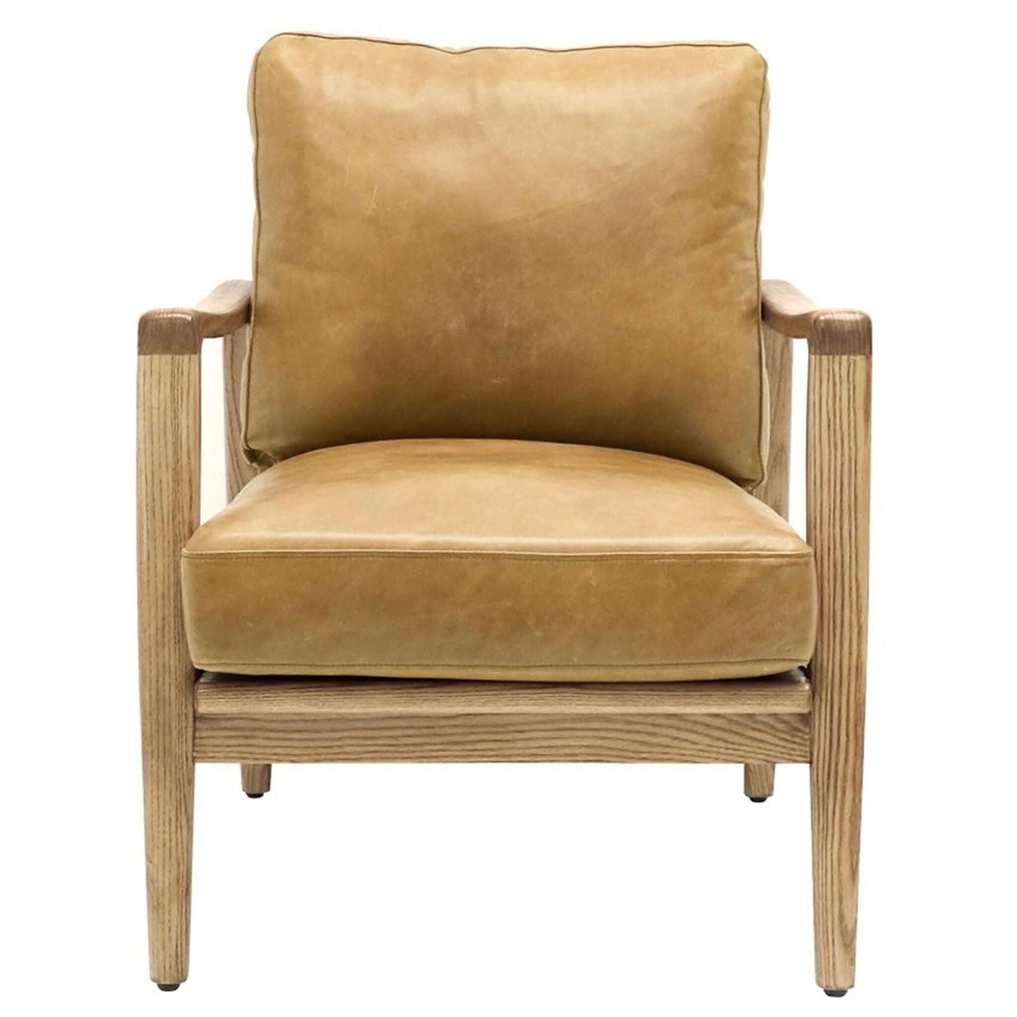 Alt Tag: Reid American Ash Armchair - Natural with Tan Leather, contemporary ash wood frame with tan leather seat and back cushion