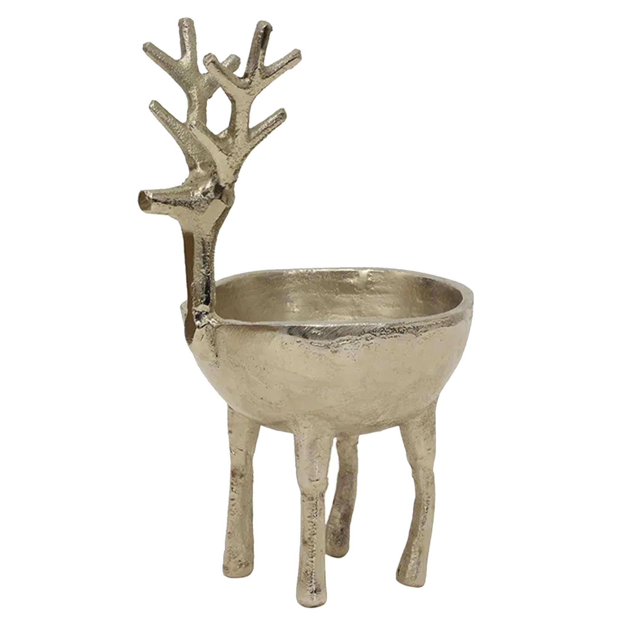 Decorative metal reindeer with a bowl on a white background