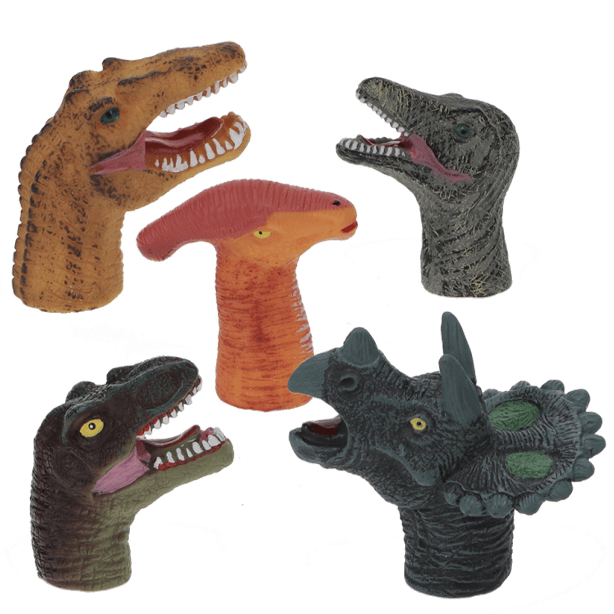 Set of dinosaur finger puppets on a white background